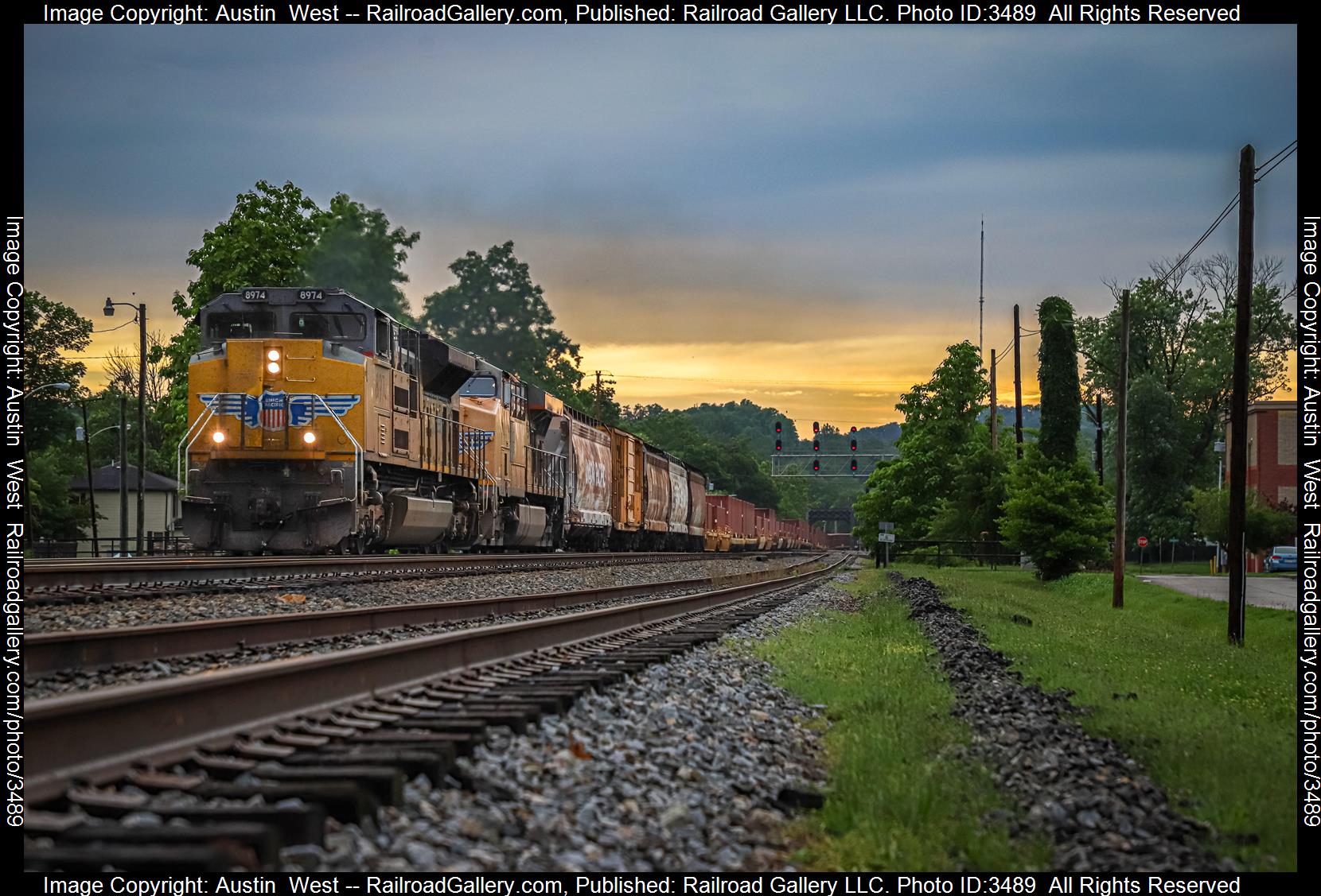 UP 8974 is a class EMD SD70ACe and  is pictured in St. Albans, West Virginia, United States.  This was taken along the Kanawha Subdivision on the CSX Transportation. Photo Copyright: Austin  West uploaded to Railroad Gallery on 06/05/2024. This photograph of UP 8974 was taken on Sunday, May 26, 2024. All Rights Reserved. 