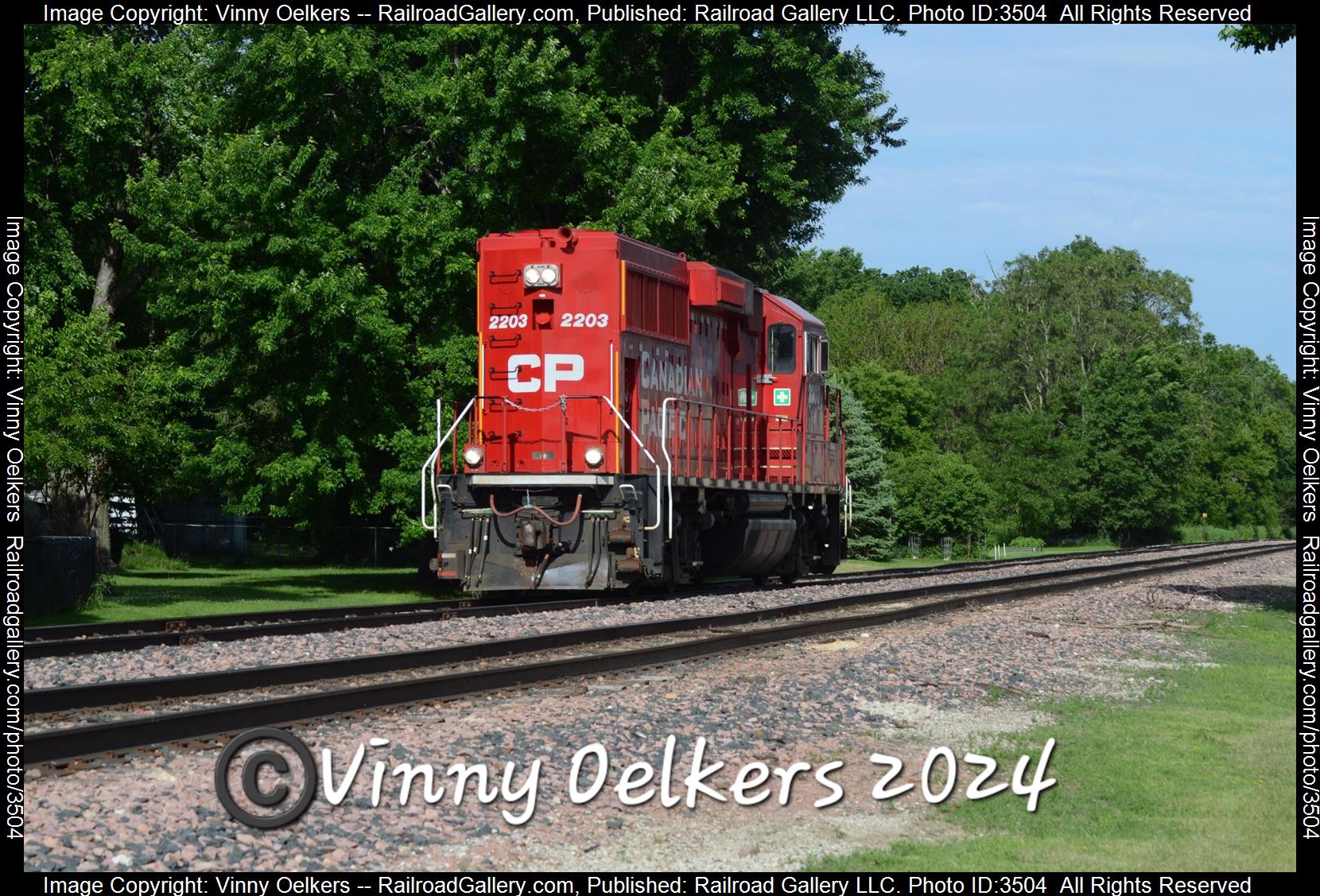 CP 2203 is a class GP20ECO and  is pictured in Spencer, IA, United States.  This was taken along the Sheldon Subdivision  on the Canadian Pacific Railway. Photo Copyright: Vinny Oelkers uploaded to Railroad Gallery on 06/11/2024. This photograph of CP 2203 was taken on Tuesday, June 04, 2024. All Rights Reserved. 