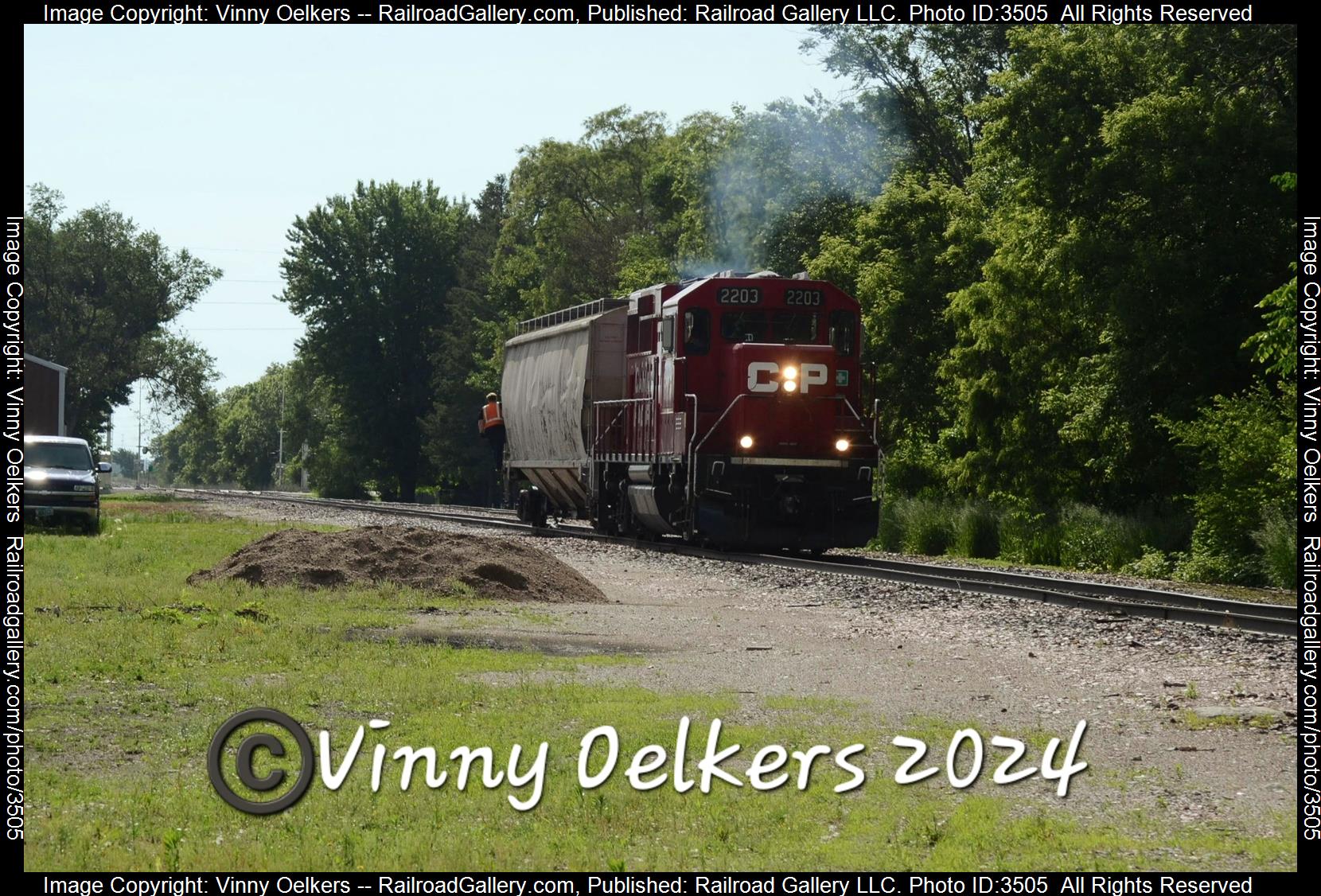 CP 2203 is a class GP20ECO and  is pictured in Spencer, IA, United States.  This was taken along the Sheldon Subdivision  on the Canadian Pacific Railway. Photo Copyright: Vinny Oelkers uploaded to Railroad Gallery on 06/11/2024. This photograph of CP 2203 was taken on Tuesday, June 04, 2024. All Rights Reserved. 