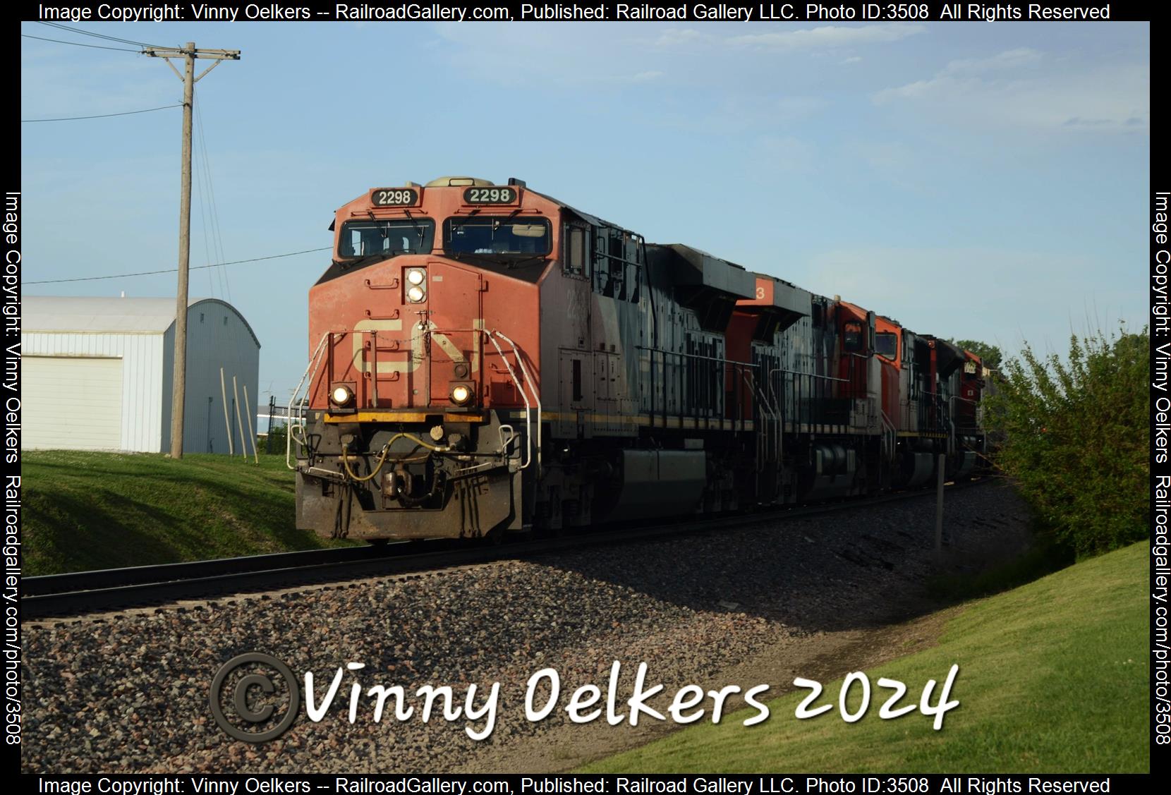 CN 2298 is a class ES44AC and  is pictured in Webster City , IA, United States.  This was taken along the Waterloo Subdvision  on the Canadian National Railway. Photo Copyright: Vinny Oelkers uploaded to Railroad Gallery on 06/12/2024. This photograph of CN 2298 was taken on Saturday, June 08, 2024. All Rights Reserved. 