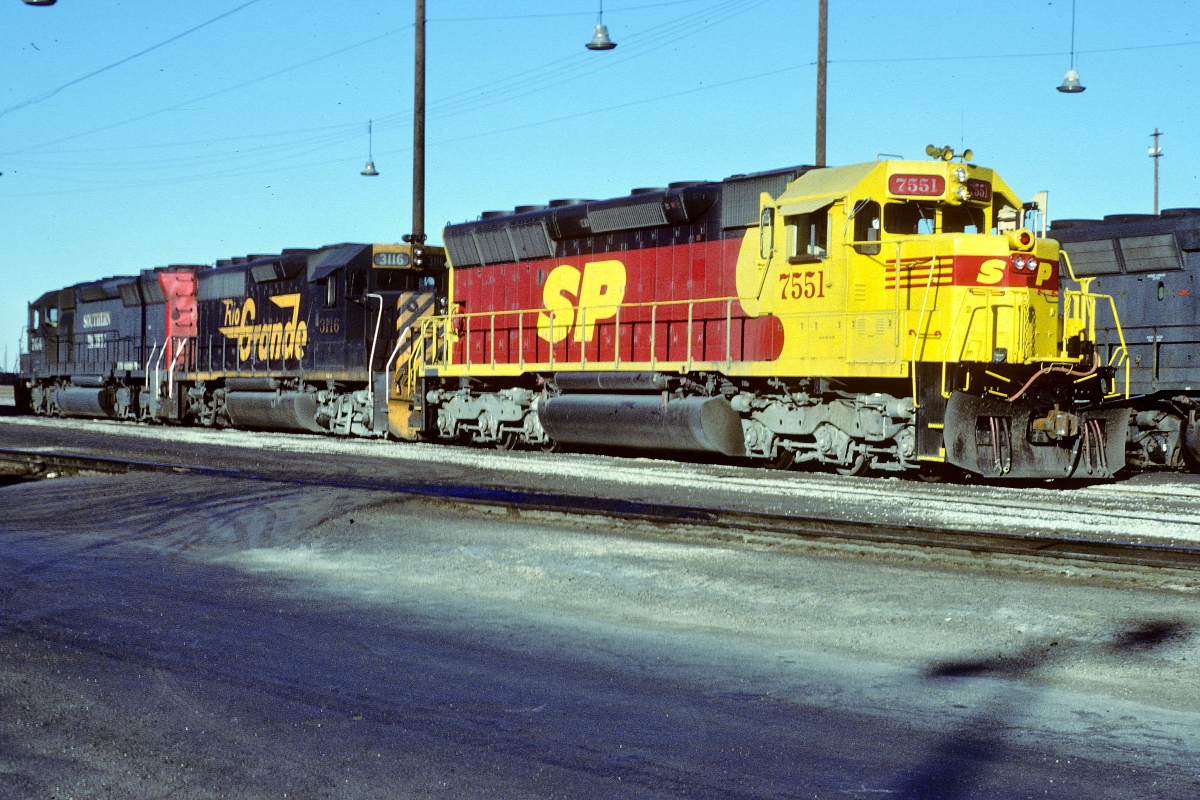 SP 7551 is a class EMD SD45R and  is pictured in West Colton, California, USA.  This was taken along the Los Angeles/ SP on the Southern Pacific Transportation Company. Photo Copyright: Rick Doughty uploaded to Railroad Gallery on 06/13/2024. This photograph of SP 7551 was taken on Saturday, June 15, 1985. All Rights Reserved. 