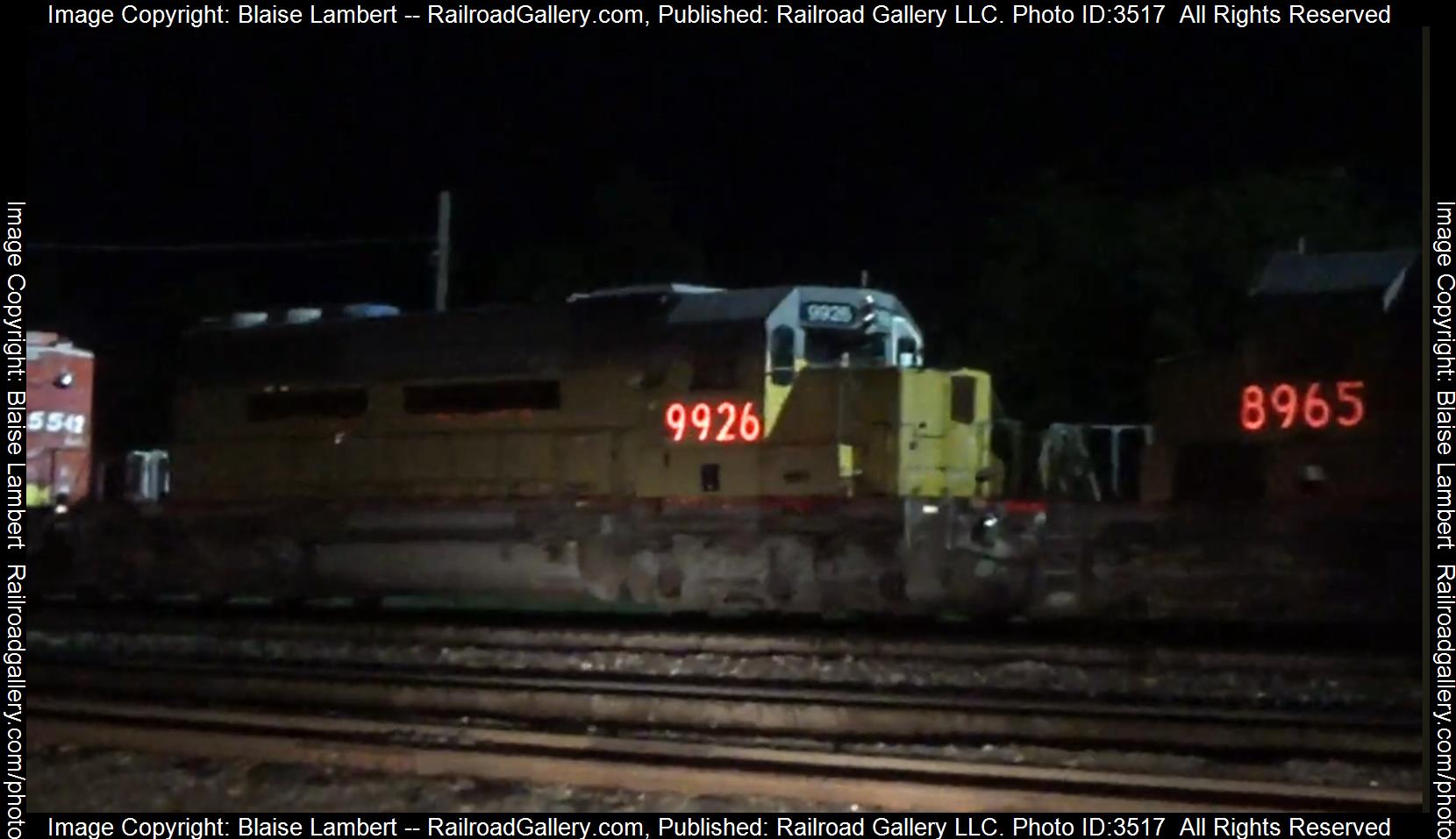 NREX 9926 is a class EMD SD40-2 and  is pictured in Centralia, Illinois, USA.  This was taken along the BNSF Beardstown subdivision on the National Railway Equipment. Photo Copyright: Blaise Lambert uploaded to Railroad Gallery on 06/16/2024. This photograph of NREX 9926 was taken on Wednesday, May 08, 2024. All Rights Reserved. 