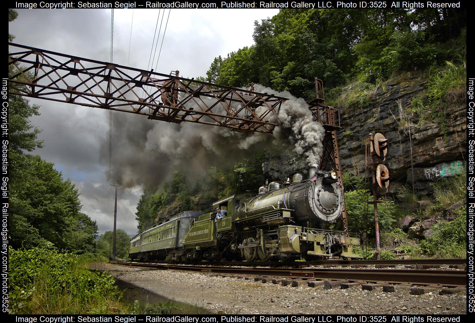 26 is a class 0-6-0 and  is pictured in Scranton, Pennsylvania, United States.  This was taken along the Pocono Mainline on the Steamtown NHS. Photo Copyright: Sebastian Segiel uploaded to Railroad Gallery on 06/19/2024. This photograph of 26 was taken on Monday, June 10, 2024. All Rights Reserved. 