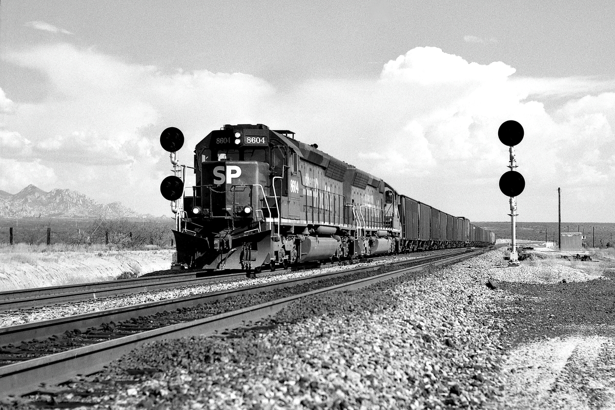 SP 8604 is a class EMD SD45 and  is pictured in Dragoon, Arizona, USA.  This was taken along the Lordsburg/SP on the Southern Pacific Transportation Company. Photo Copyright: Rick Doughty uploaded to Railroad Gallery on 06/21/2024. This photograph of SP 8604 was taken on Thursday, August 17, 1995. All Rights Reserved. 