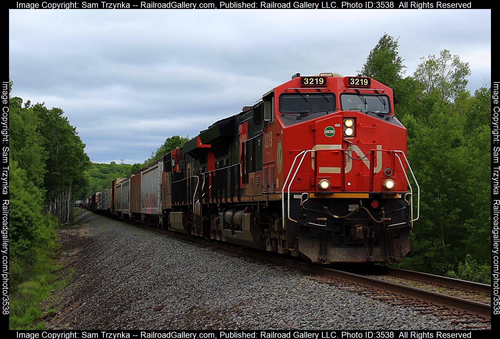 CN 3219 is a class GE ET44AC and  is pictured in Munger, Minnesota, USA.  This was taken along the CN Rainy Subdivision on the Canadian National Railway. Photo Copyright: Sam Trzynka uploaded to Railroad Gallery on 06/24/2024. This photograph of CN 3219 was taken on Sunday, June 09, 2024. All Rights Reserved. 