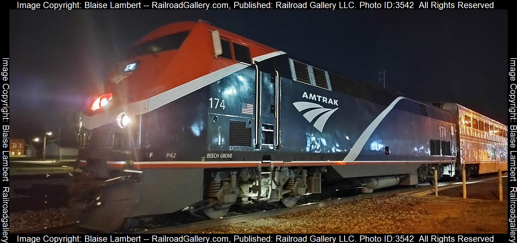 AMTK 174 is a class GE P42DC and  is pictured in Centralia, Illinois, USA.  This was taken along the CN Centralia subdivision on the Amtrak. Photo Copyright: Blaise Lambert uploaded to Railroad Gallery on 06/26/2024. This photograph of AMTK 174 was taken on Friday, March 22, 2024. All Rights Reserved. 