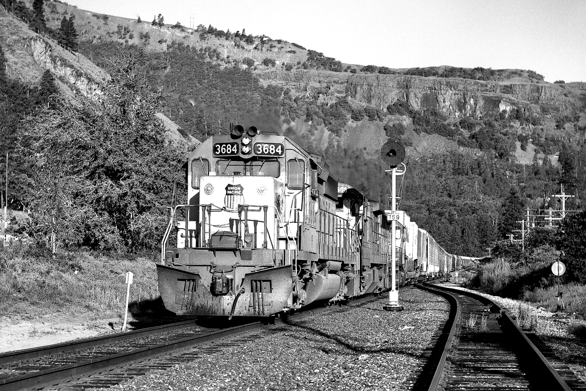 UP 3684 is a class EMD SD40-2 and  is pictured in Arlington, Oregon, USA.  This was taken along the Portland/UP on the Union Pacific Railroad. Photo Copyright: Rick Doughty uploaded to Railroad Gallery on 07/03/2024. This photograph of UP 3684 was taken on Monday, June 27, 1988. All Rights Reserved. 