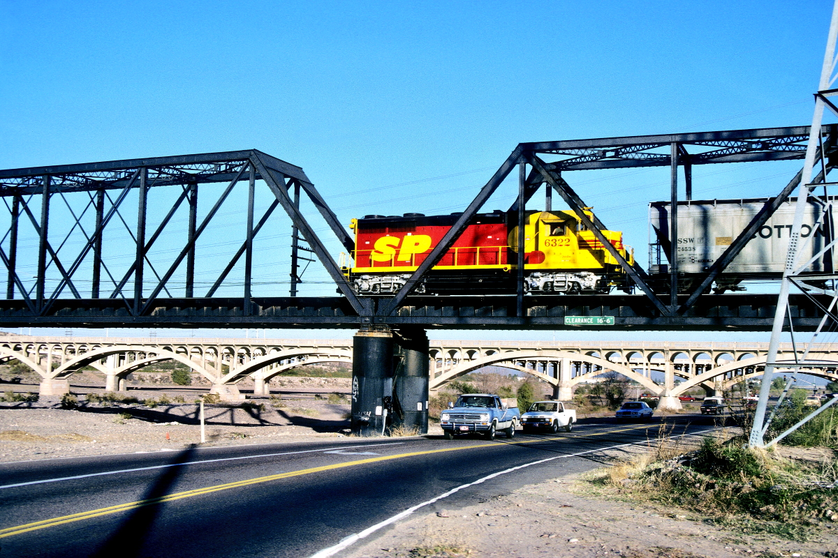 SP 6322 is a class EMD GP35 and  is pictured in Tempe, Arizona, USA.  This was taken along the Phoenix/SP on the Southern Pacific Transportation Company. Photo Copyright: Rick Doughty uploaded to Railroad Gallery on 07/03/2024. This photograph of SP 6322 was taken on Wednesday, June 05, 1985. All Rights Reserved. 