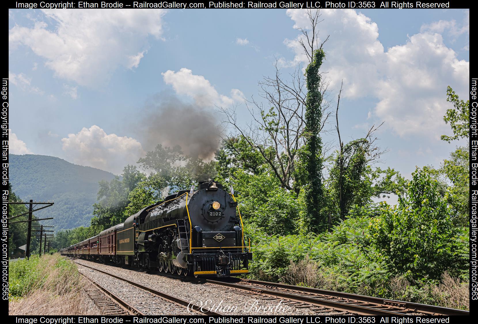 2102 is a class 4-8-4 and  is pictured in Tunkhannock, Pennsylvania, United States.  This was taken along the N/A on the Reading Blue Mountain and Northern Railroad. Photo Copyright: Ethan Brodie uploaded to Railroad Gallery on 07/07/2024. This photograph of 2102 was taken on Saturday, June 22, 2024. All Rights Reserved. 