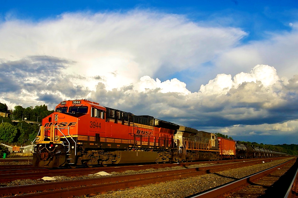 BNSF 3944 is a class GE ET44AC and  is pictured in Seattle, Washington, USA.  This was taken along the Seattle/BNSF on the BNSF Railway. Photo Copyright: Rick Doughty uploaded to Railroad Gallery on 07/10/2024. This photograph of BNSF 3944 was taken on Thursday, June 16, 2016. All Rights Reserved. 