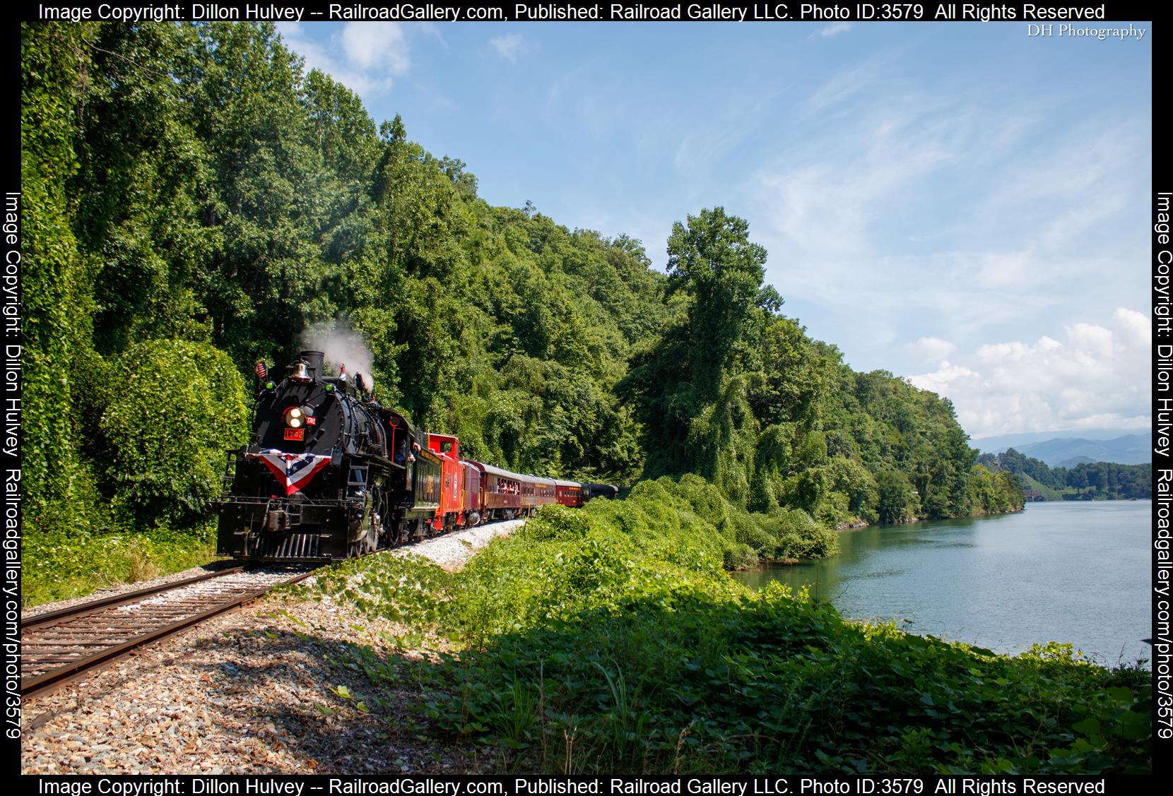 GSMR 1702 is a class Baldwin S160 and  is pictured in Almond, North Carolina, United States.  This was taken along the Murphy Branch on the Great Smoky Mountain Railroad. Photo Copyright: Dillon Hulvey uploaded to Railroad Gallery on 07/14/2024. This photograph of GSMR 1702 was taken on Thursday, July 04, 2024. All Rights Reserved. 