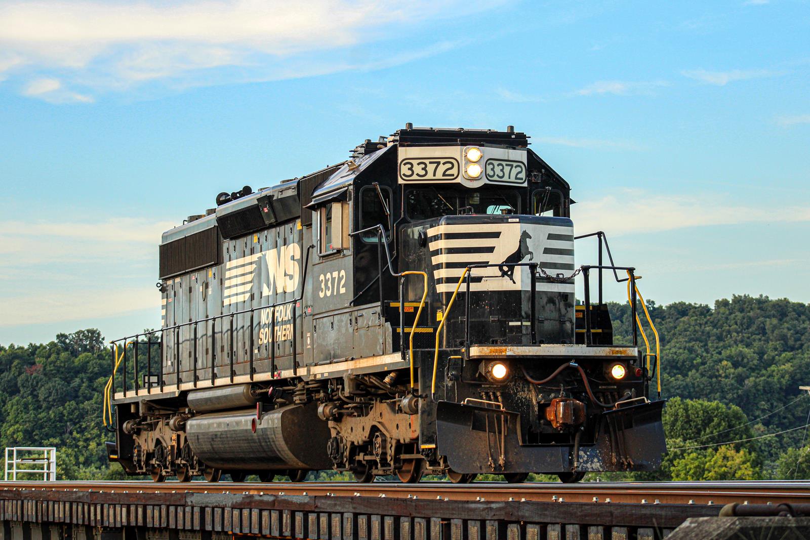 NS 3372 is a class EMD SD40-2 and  is pictured in Kenova , West Virginia, USA.  This was taken along the Kenova District  on the Norfolk Southern. Photo Copyright: Austin  West uploaded to Railroad Gallery on 12/09/2022. This photograph of NS 3372 was taken on Friday, August 12, 2022. All Rights Reserved. 