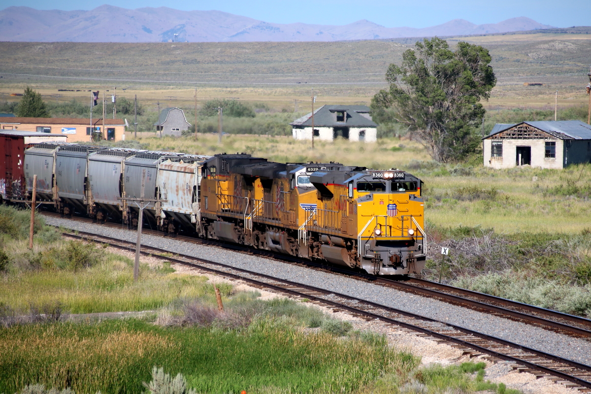 UP 8360 is a class EMD SD70ACe and  is pictured in Deeth, Nevada, USA.  This was taken along the Shafter/UP on the Union Pacific Railroad. Photo Copyright: Rick Doughty uploaded to Railroad Gallery on 07/15/2024. This photograph of UP 8360 was taken on Saturday, July 06, 2024. All Rights Reserved. 