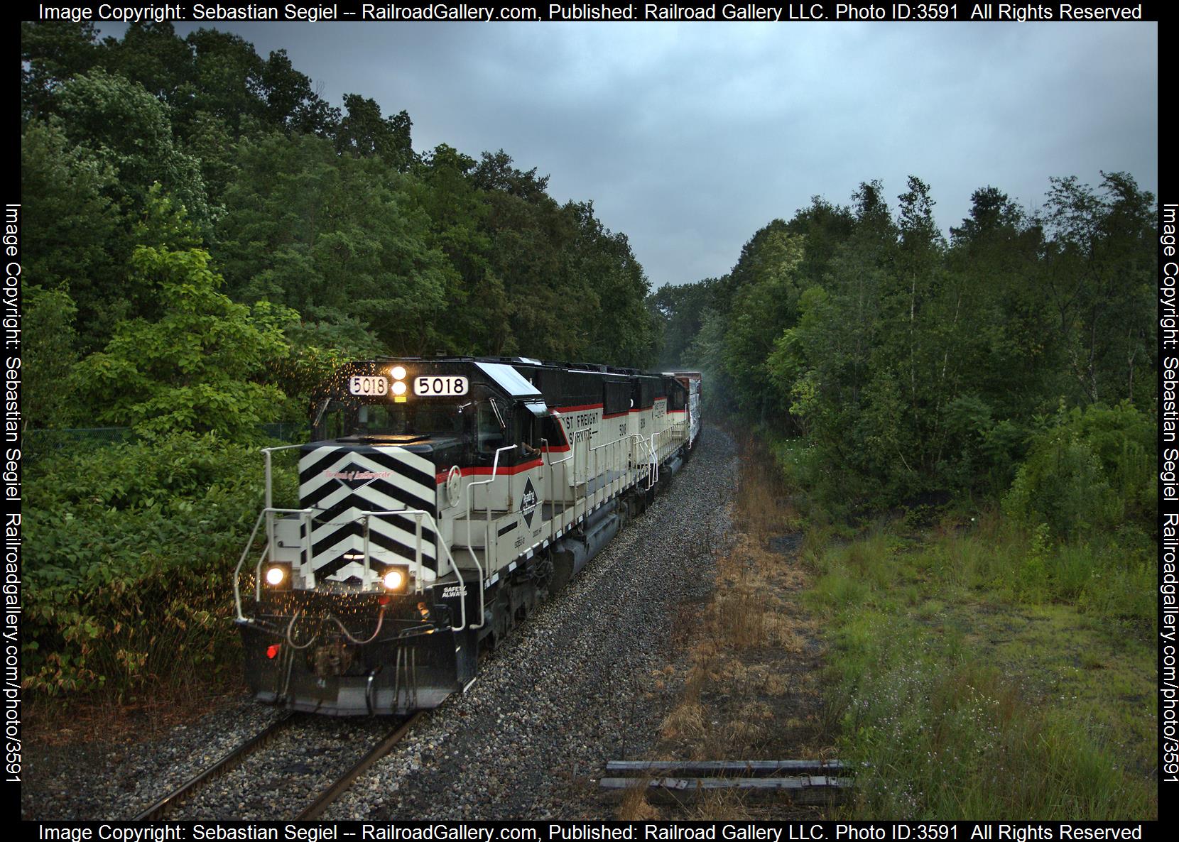 5018 is a class SD50 and  is pictured in Pittston, Pennsylvania, United States.  This was taken along the Lehigh Division on the Reading Blue Mountain and Northern Railroad. Photo Copyright: Sebastian Segiel uploaded to Railroad Gallery on 07/19/2024. This photograph of 5018 was taken on Wednesday, July 17, 2024. All Rights Reserved. 