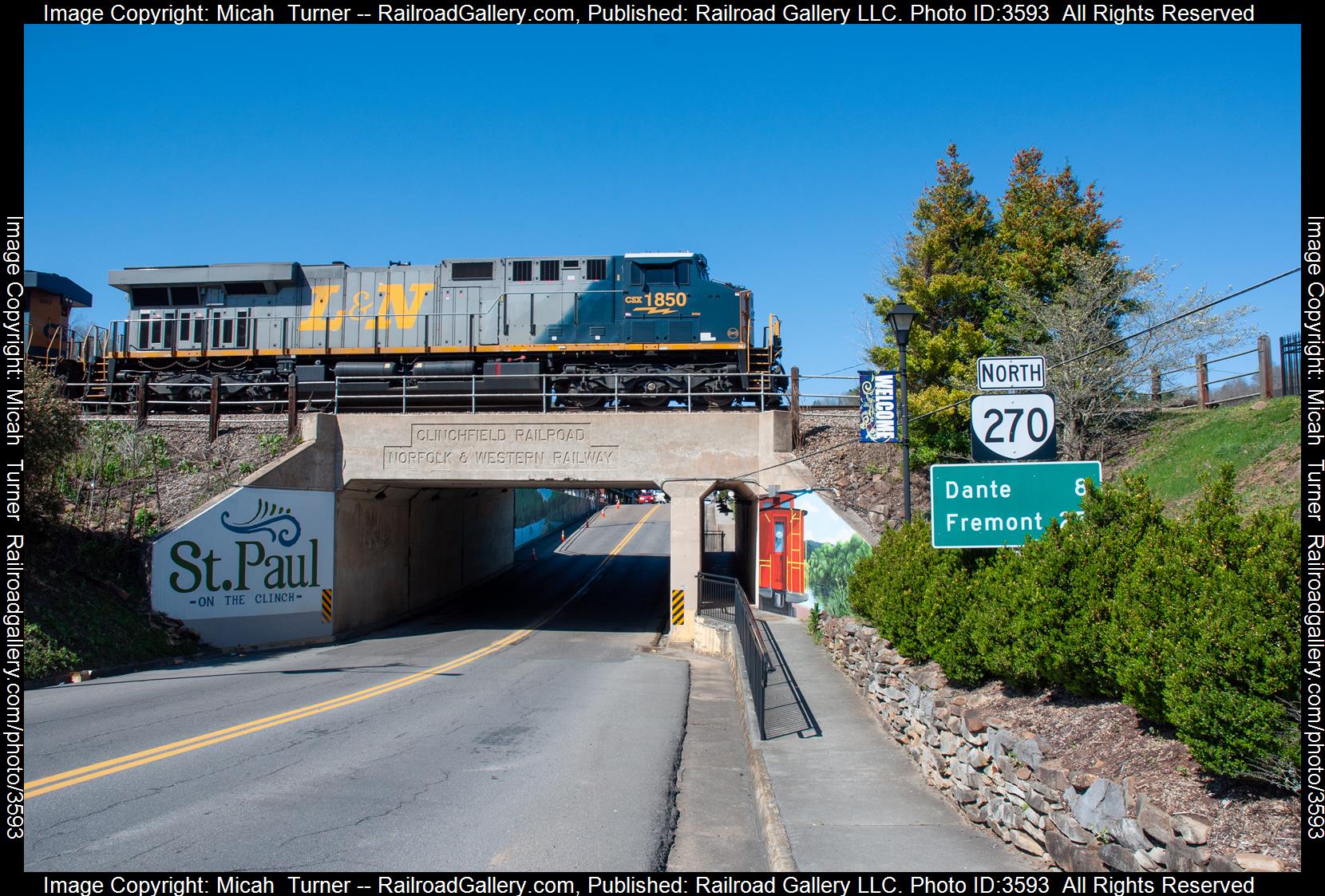 CSXT 1850 is a class ES44AC and  is pictured in St Paul, Virginia, United States.  This was taken along the Kingsport & Blue Ridge Subdivision on the CSX Transportation. Photo Copyright: Micah  Turner uploaded to Railroad Gallery on 07/19/2024. This photograph of CSXT 1850 was taken on Sunday, April 07, 2024. All Rights Reserved. 