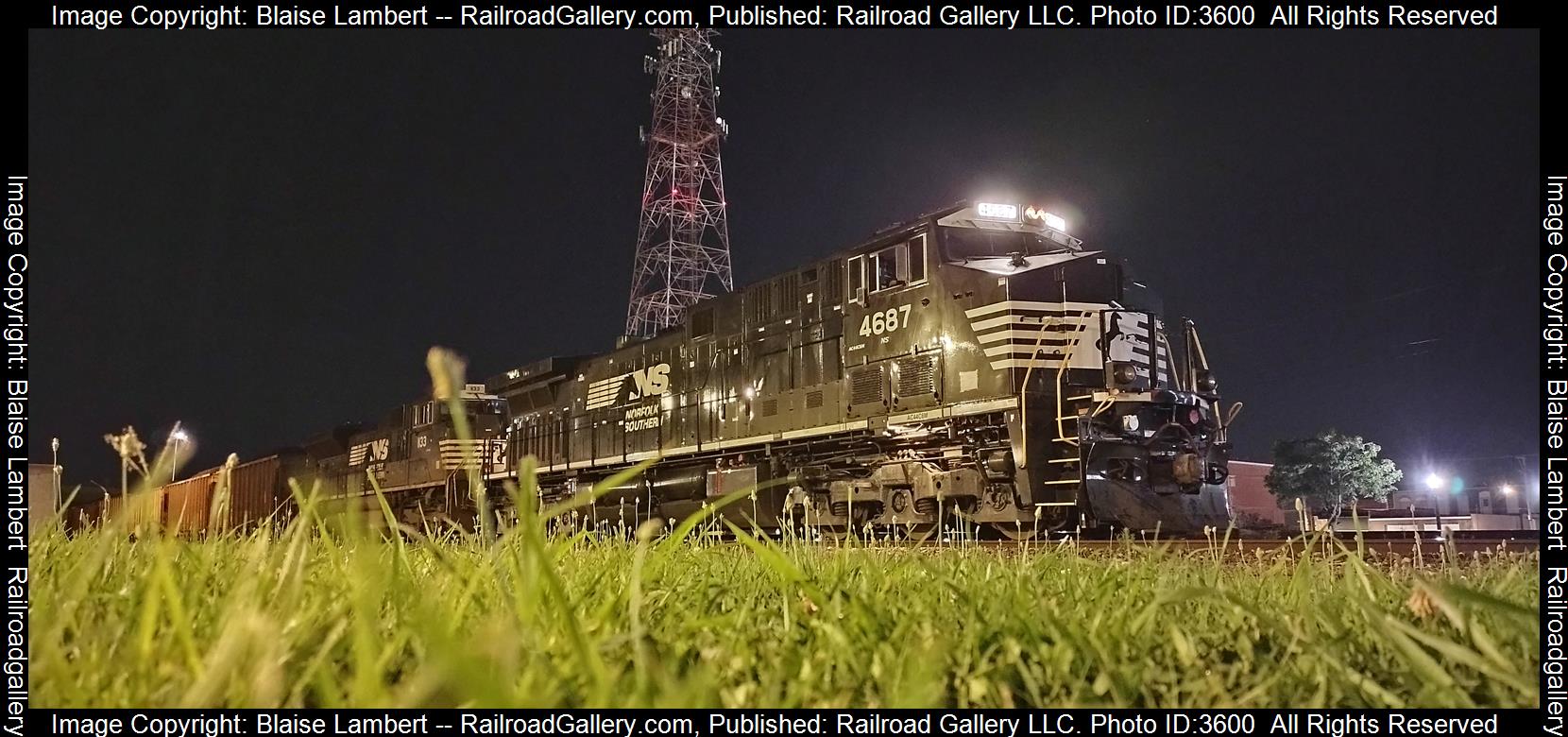 NS 4687 is a class GE AC44C6M and  is pictured in Centralia, Illinois, USA.  This was taken along the NS Southern West district on the Norfolk Southern. Photo Copyright: Blaise Lambert uploaded to Railroad Gallery on 07/23/2024. This photograph of NS 4687 was taken on Friday, July 19, 2024. All Rights Reserved. 