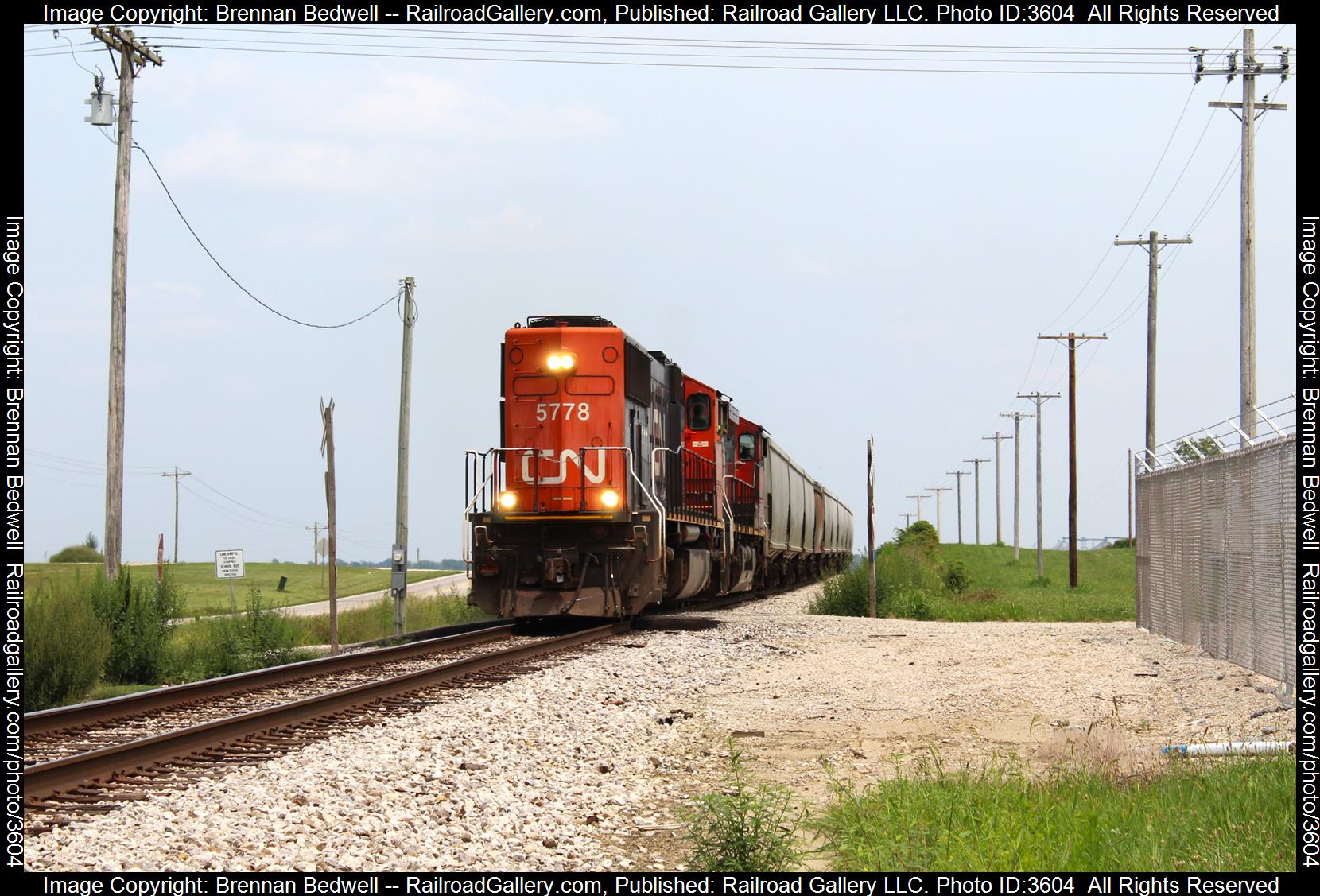 CN 5778 is a class SD75I and  is pictured in Gordon, Illinois, United States.  This was taken along the Indianapolis Subdivision on the Indiana Rail Road. Photo Copyright: Brennan Bedwell uploaded to Railroad Gallery on 07/27/2024. This photograph of CN 5778 was taken on Friday, July 26, 2024. All Rights Reserved. 