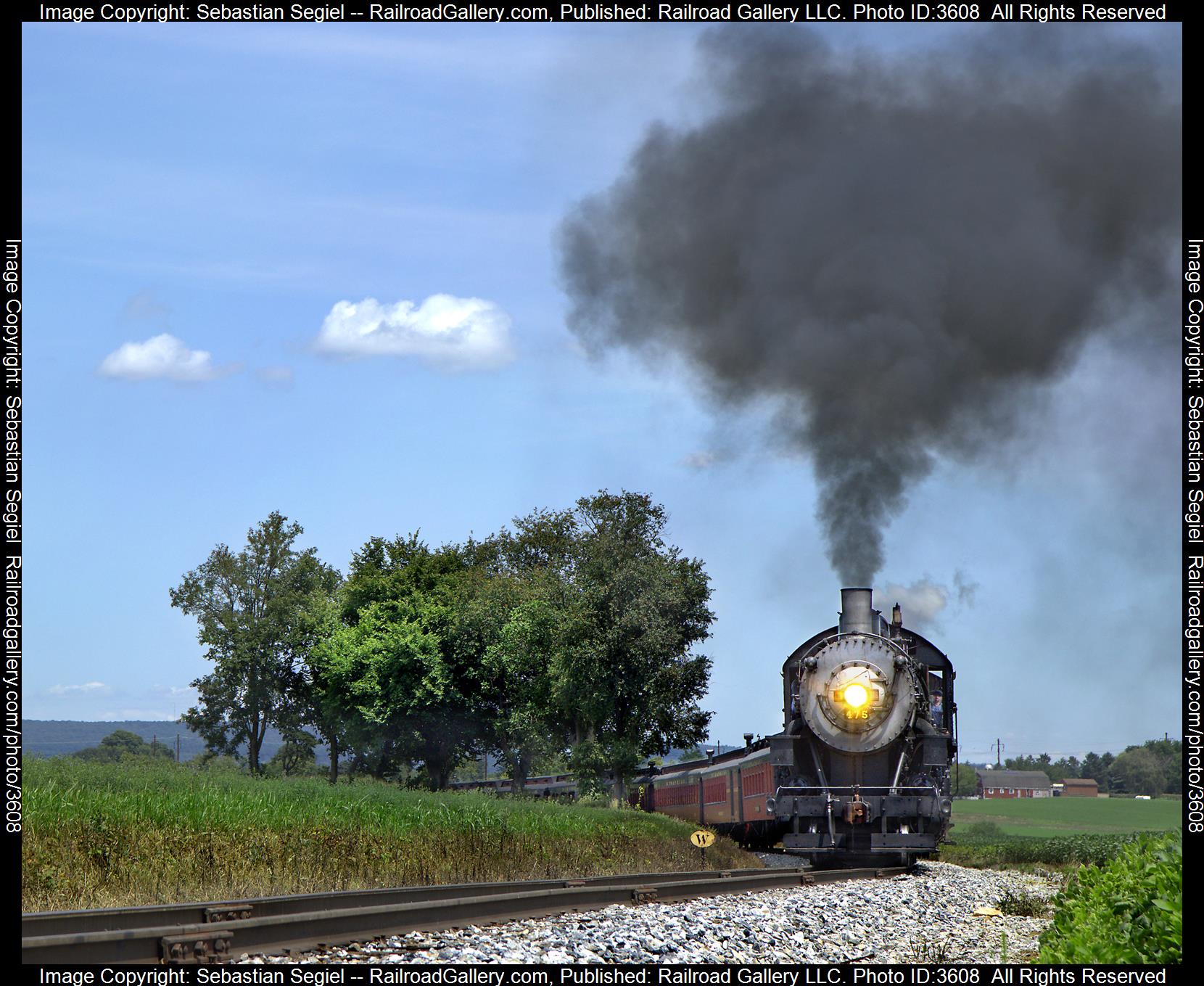 475 is a class 4-8-0 and  is pictured in Strasburg , Pennsylvania, United States.  This was taken along the Road to Paradise on the Strasburg Rail Road. Photo Copyright: Sebastian Segiel uploaded to Railroad Gallery on 07/28/2024. This photograph of 475 was taken on Friday, July 26, 2024. All Rights Reserved. 