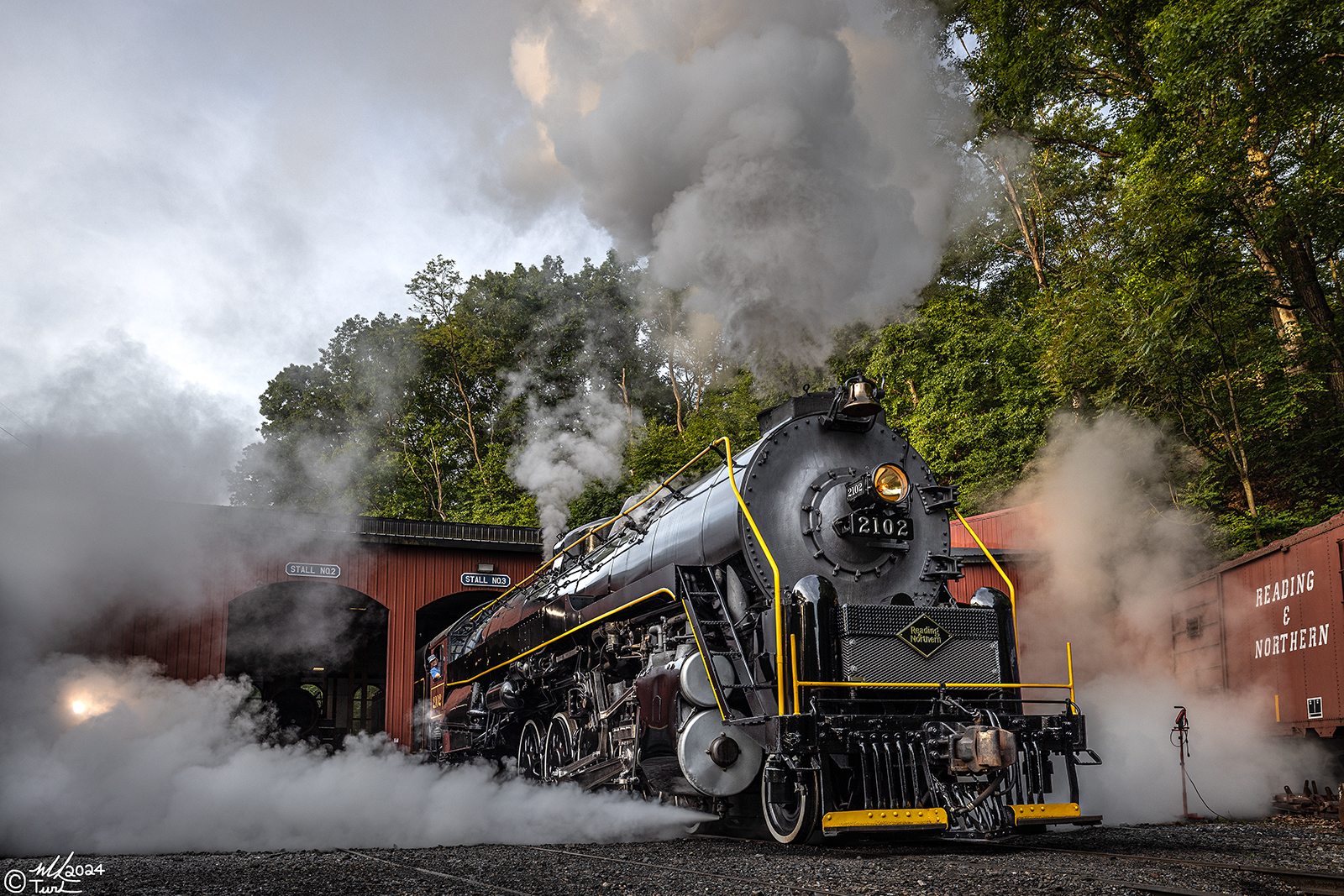 RDG 2102 is a class T-1 and  is pictured in Port Clinton, Pennsylvania, USA.  This was taken along the Reading & Northern Steam Shop on the Reading Company. Photo Copyright: Mark Turkovich uploaded to Railroad Gallery on 08/02/2024. This photograph of RDG 2102 was taken on Saturday, May 25, 2024. All Rights Reserved. 