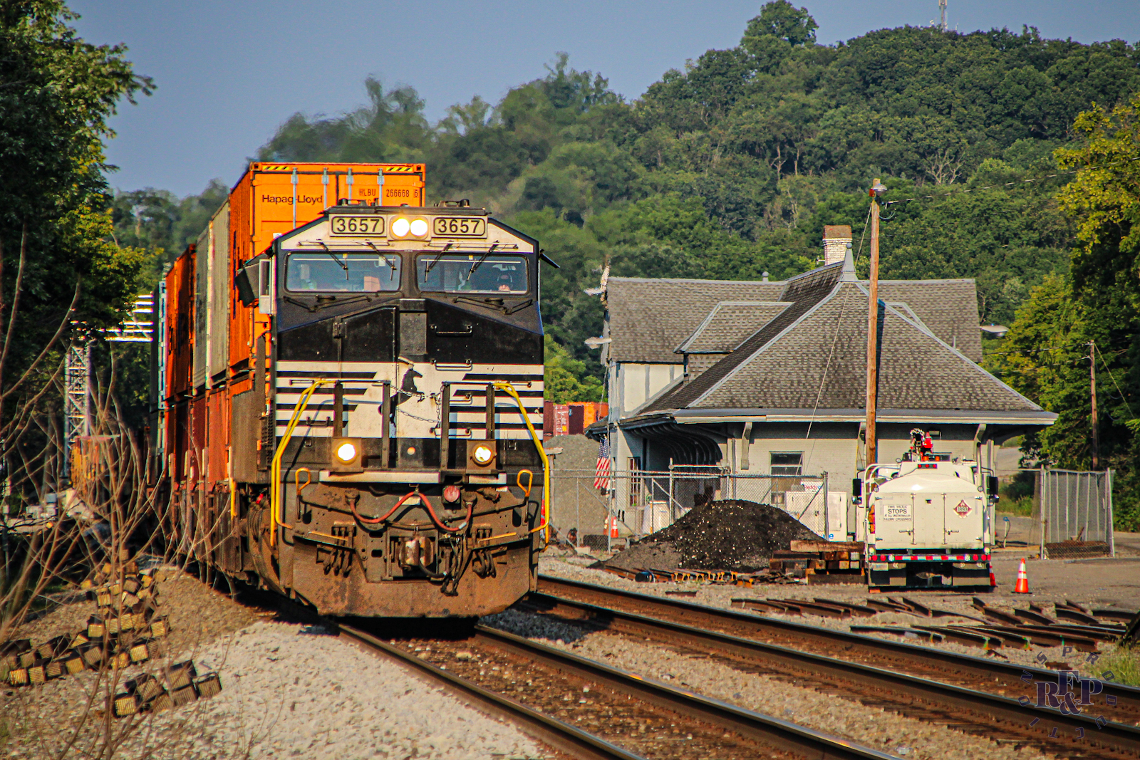 NS 3657 is a class GE ET44AC and  is pictured in Christiansburg, Virginia, USA.  This was taken along the Christiansburg District on the Norfolk Southern. Photo Copyright: RF&P Productions uploaded to Railroad Gallery on 08/05/2024. This photograph of NS 3657 was taken on Saturday, July 27, 2024. All Rights Reserved. 