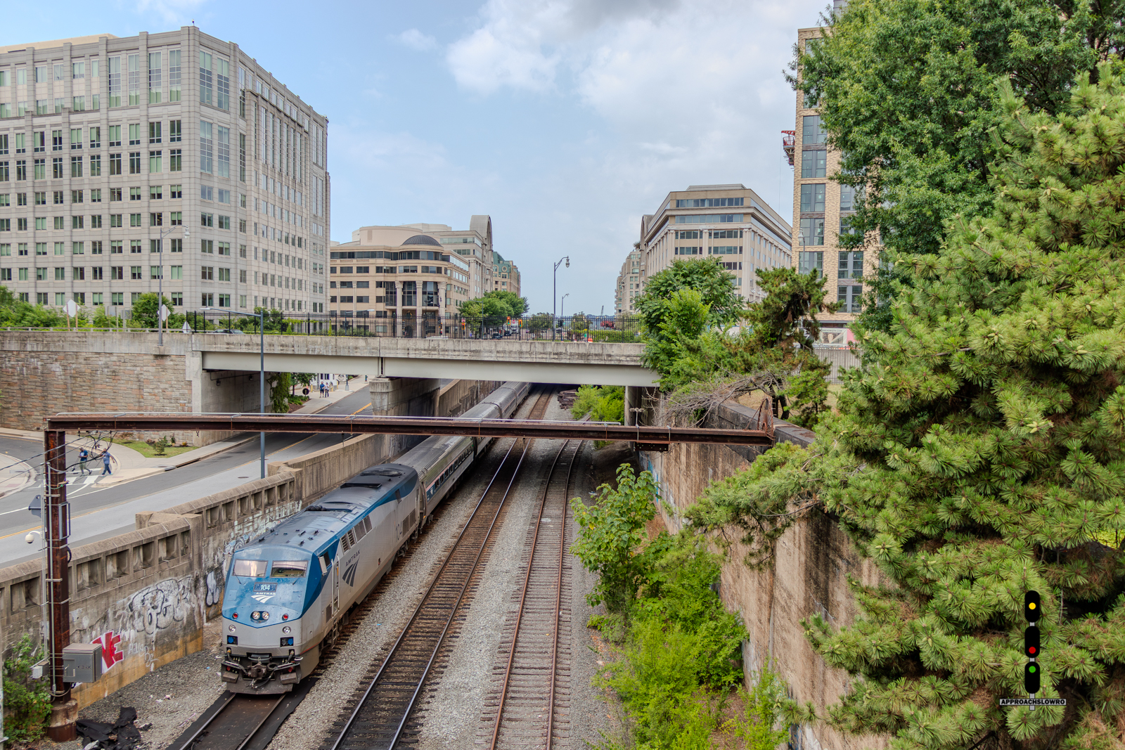 AMTK 104 is a class GE P42DC and  is pictured in Washington, DC, USA.  This was taken along the RF&P Subdivision on the Amtrak. Photo Copyright: ApproachSlowRO   uploaded to Railroad Gallery on 08/09/2024. This photograph of AMTK 104 was taken on Friday, July 19, 2024. All Rights Reserved. 