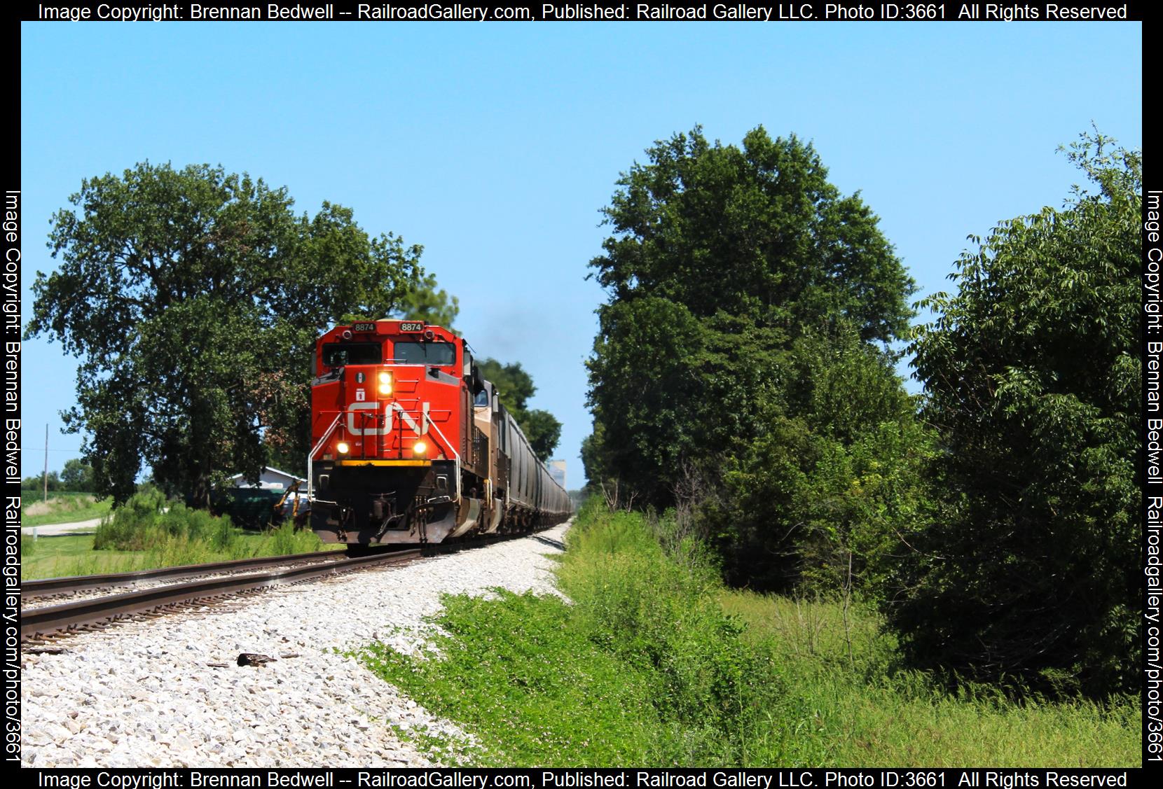 CN 8874 is a class SD70M-2 and  is pictured in Oblong, Illinois, United States.  This was taken along the Indianapolis Subdivision on the Canadian National Railway. Photo Copyright: Brennan Bedwell uploaded to Railroad Gallery on 08/11/2024. This photograph of CN 8874 was taken on Sunday, August 11, 2024. All Rights Reserved. 