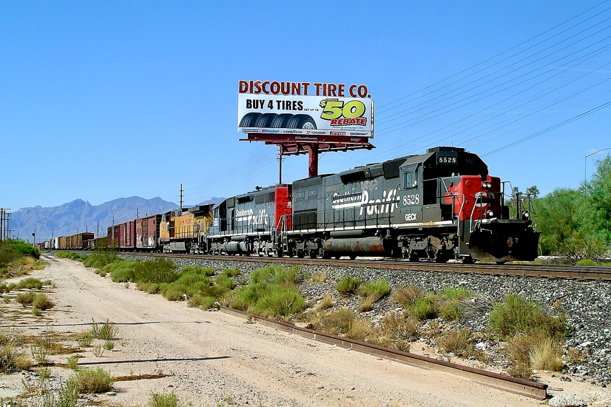 SP 8528 is a class EMD SD40T-2 and  is pictured in Tucson, Arizona, USA.  This was taken along the Lordsburg/SP on the Southern Pacific Transportation Company. Photo Copyright: Rick Doughty uploaded to Railroad Gallery on 08/12/2024. This photograph of SP 8528 was taken on Thursday, July 22, 2004. All Rights Reserved. 