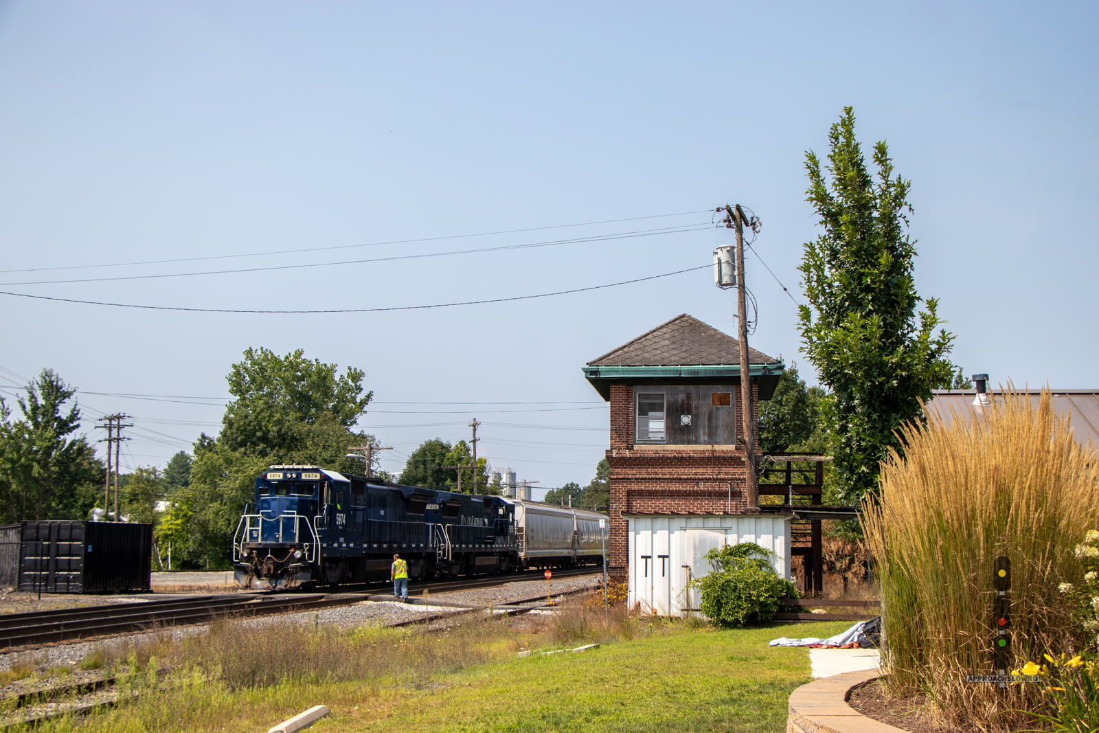 BREX 5974 is a class GE B40-8 (Dash 8-40B) and  is pictured in Ayer, Massachusetts, USA.  This was taken along the Fitchburg Main Line on the Berkshire & Eastern. Photo Copyright: ApproachSlowRO   uploaded to Railroad Gallery on 08/14/2024. This photograph of BREX 5974 was taken on Wednesday, August 14, 2024. All Rights Reserved. 