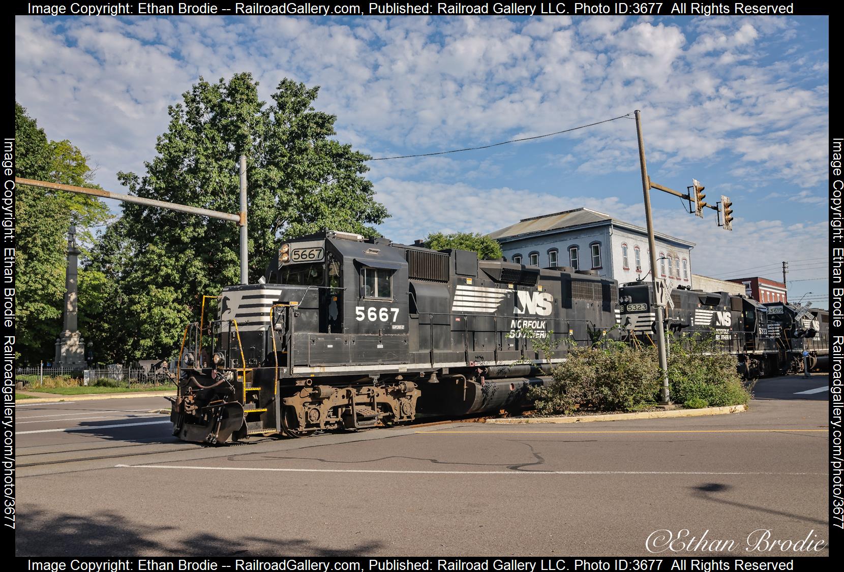 5667 is a class GP38-2 and  is pictured in Sunbury, Pennsylvania, United States.  This was taken along the Buffalo Line on the Norfolk Southern. Photo Copyright: Ethan Brodie uploaded to Railroad Gallery on 08/14/2024. This photograph of 5667 was taken on Sunday, August 11, 2024. All Rights Reserved. 