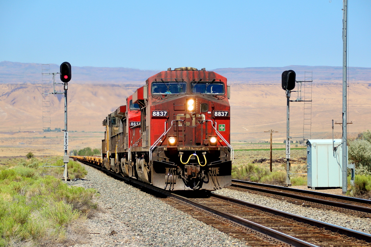 CP 8837 is a class GE ES44AC and  is pictured in King Hill, Idaho, USA.  This was taken along the Nampa/UP on the Canadian Pacific Railway. Photo Copyright: Rick Doughty uploaded to Railroad Gallery on 08/17/2024. This photograph of CP 8837 was taken on Saturday, August 17, 2024. All Rights Reserved. 