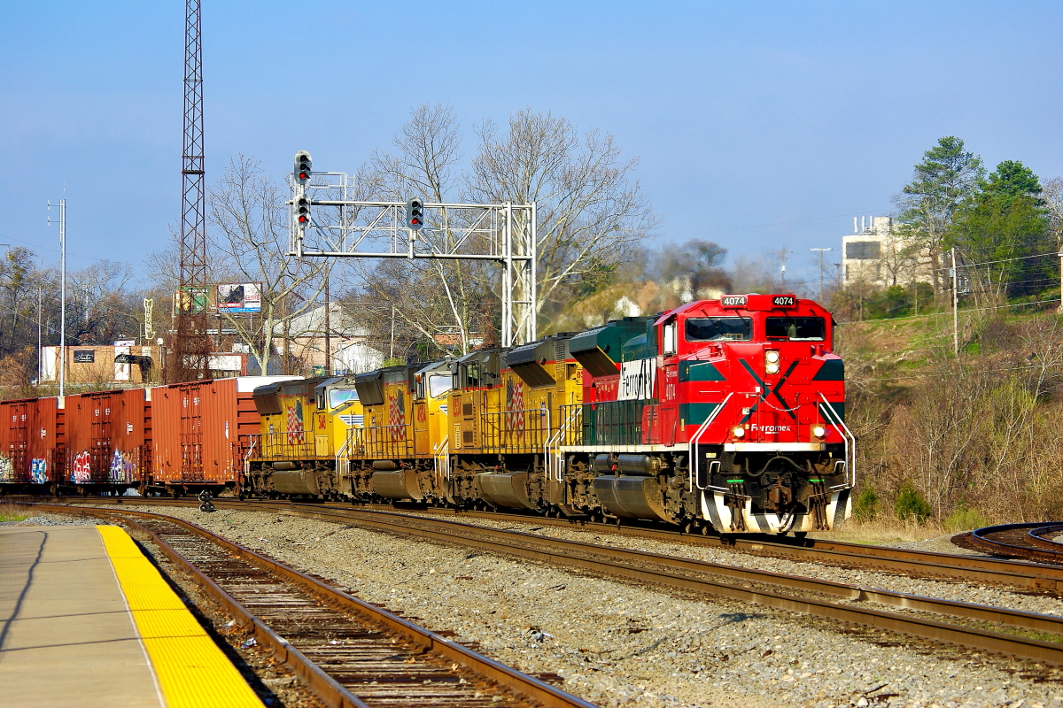 FRMX 4074 is a class EMD SD70ACe and  is pictured in Little Rock, Arkansas, USA.  This was taken along the Little Rock/UP on the Ferromex. Photo Copyright: Rick Doughty uploaded to Railroad Gallery on 08/18/2024. This photograph of FRMX 4074 was taken on Sunday, March 30, 2014. All Rights Reserved. 