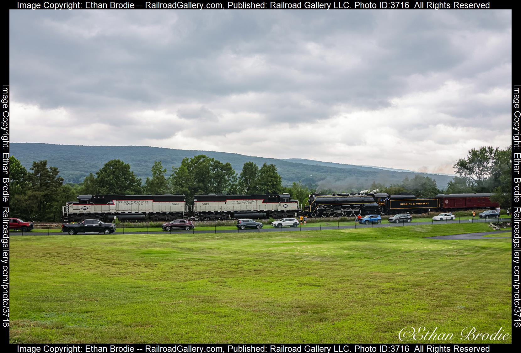 5018, 5019, 2102 is a class SD50, 4-8-4 and  is pictured in Pittston , Pennsylvania, United States.  This was taken along the Lehigh Division  on the Reading Blue Mountain and Northern Railroad. Photo Copyright: Ethan Brodie uploaded to Railroad Gallery on 08/23/2024. This photograph of 5018, 5019, 2102 was taken on Saturday, August 17, 2024. All Rights Reserved. 