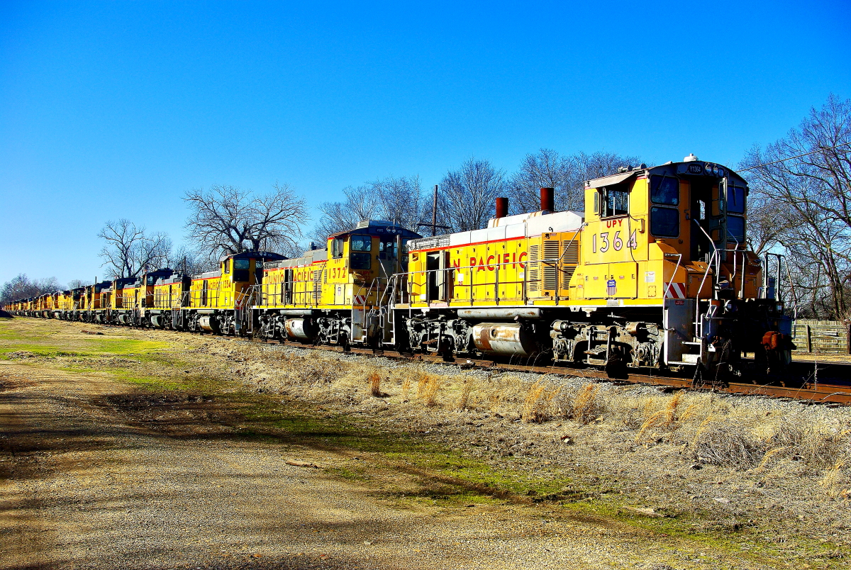 UPY 1364 is a class EMD MP15DC and  is pictured in Pine Bluff, Arkansas, USA.  This was taken along the Pine Bluff/UP on the Union Pacific Railroad. Photo Copyright: Rick Doughty uploaded to Railroad Gallery on 08/23/2024. This photograph of UPY 1364 was taken on Saturday, January 18, 2014. All Rights Reserved. 