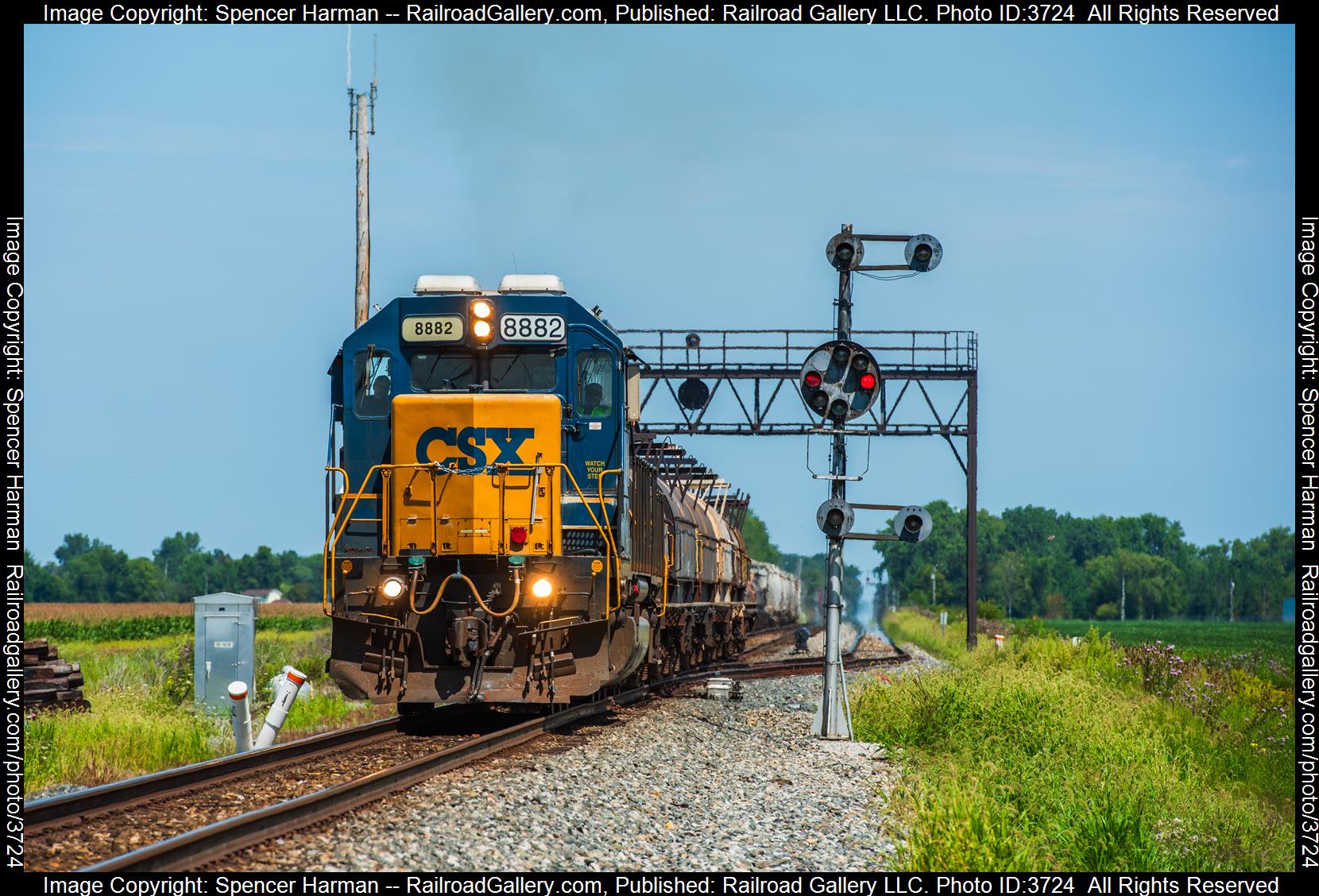 CSXT 8882 is a class EMD SD40-2 and  is pictured in Deshler, Ohio, USA.  This was taken along the Toledo Subdivision on the CSX Transportation. Photo Copyright: Spencer Harman uploaded to Railroad Gallery on 08/25/2024. This photograph of CSXT 8882 was taken on Friday, August 23, 2024. All Rights Reserved. 