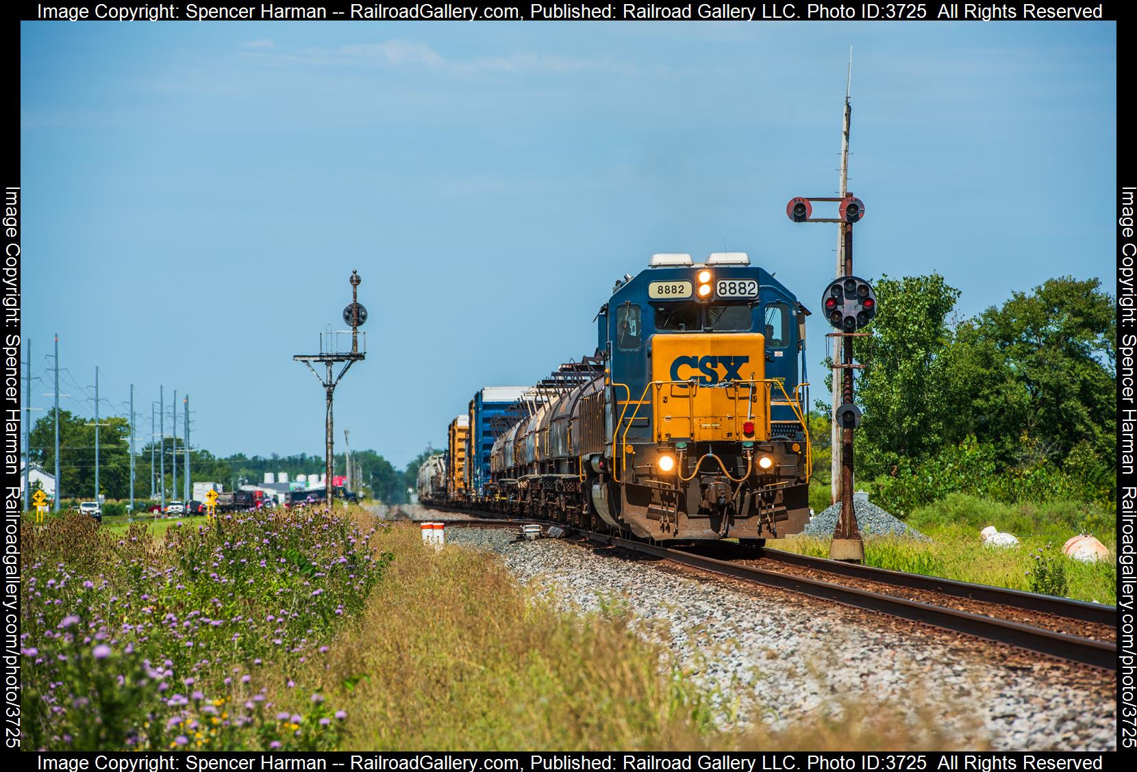 CSXT 8882 is a class EMD SD40-2 and  is pictured in Ottawa, Ohio, USA.  This was taken along the Toledo Subdivision on the CSX Transportation. Photo Copyright: Spencer Harman uploaded to Railroad Gallery on 08/25/2024. This photograph of CSXT 8882 was taken on Friday, August 23, 2024. All Rights Reserved. 