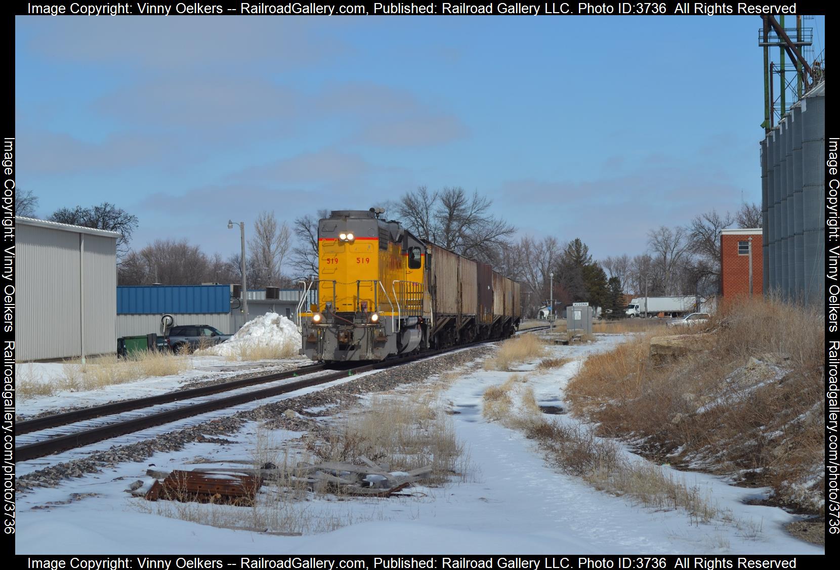 UP 519 is a class GP38N  and  is pictured in Algona, IA, United States.  This was taken along the Jewell Subdivision  on the Union Pacific Railroad. Photo Copyright: Vinny Oelkers uploaded to Railroad Gallery on 08/28/2024. This photograph of UP 519 was taken on Tuesday, March 14, 2023. All Rights Reserved. 