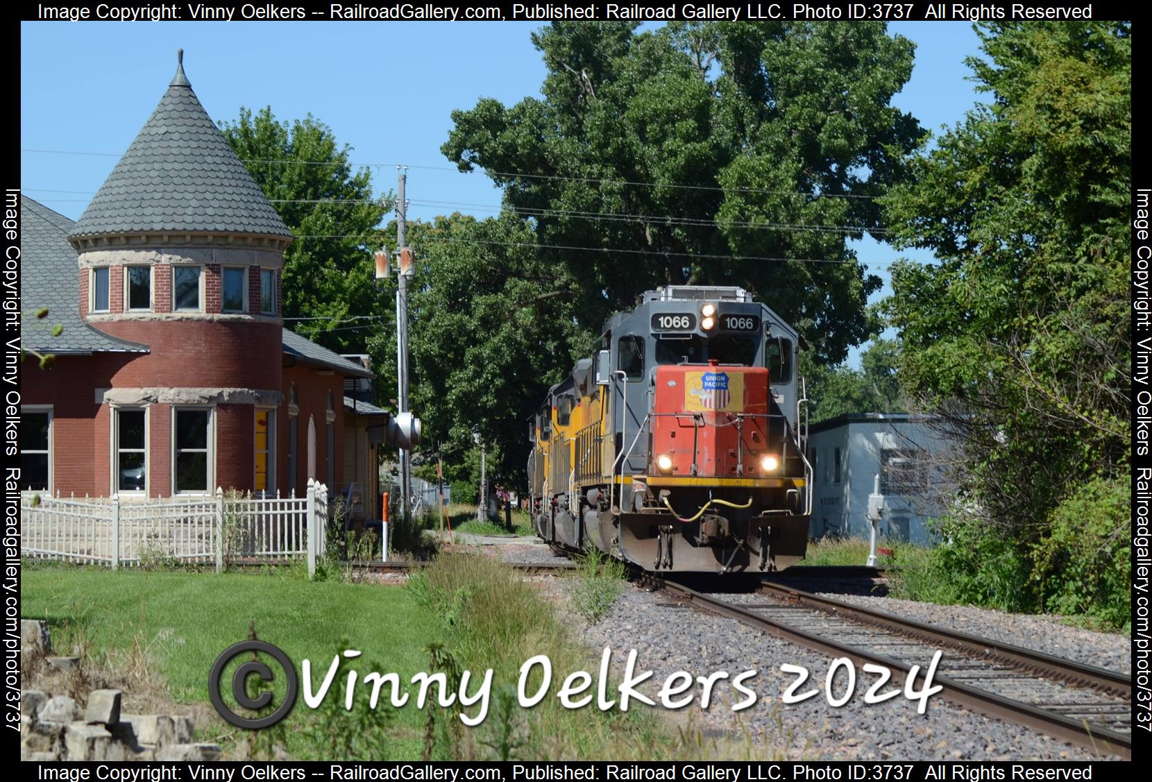 UP 1066 is a class SD40-2  and  is pictured in Grinnell , IA, United States.  This was taken along the Oskaloosa Subdivision  on the Union Pacific Railroad. Photo Copyright: Vinny Oelkers uploaded to Railroad Gallery on 08/28/2024. This photograph of UP 1066 was taken on Saturday, August 03, 2024. All Rights Reserved. 