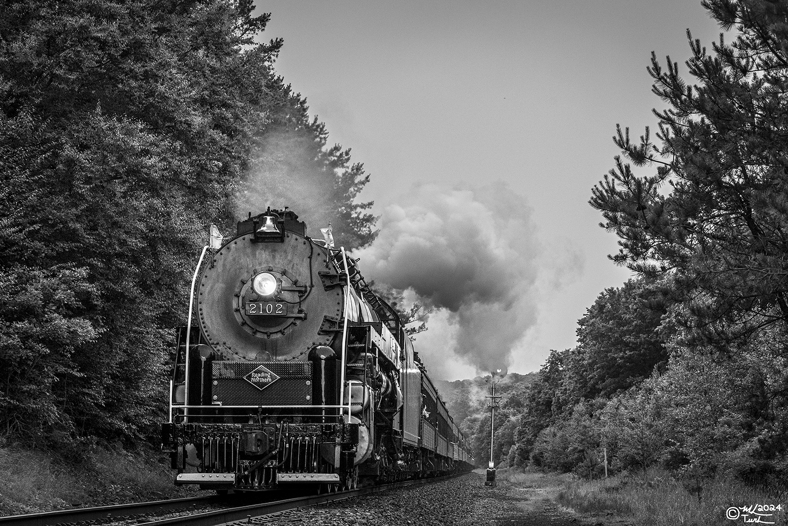 RDG 2102 is a class T-1 and  is pictured in White Haven, Pennsylvania, USA.  This was taken along the Old Cart Lane on the Reading Company. Photo Copyright: Mark Turkovich uploaded to Railroad Gallery on 08/28/2024. This photograph of RDG 2102 was taken on Saturday, June 22, 2024. All Rights Reserved. 