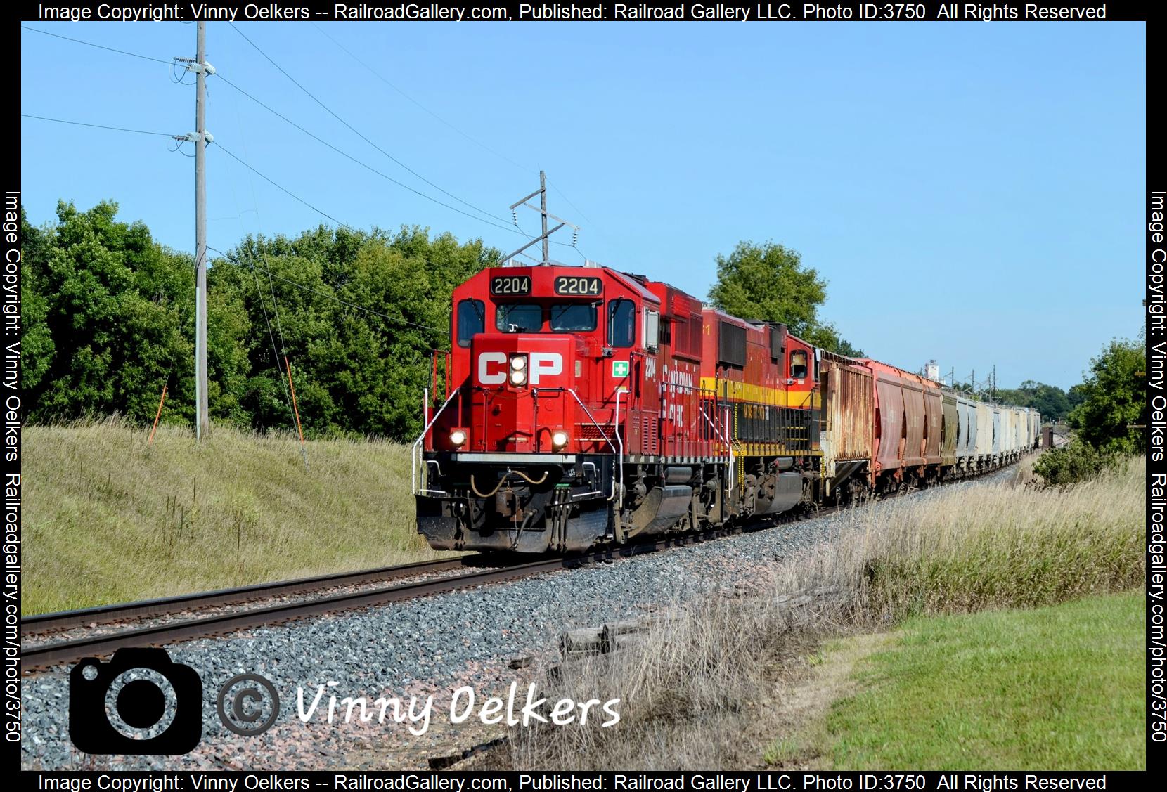 CP 2204 is a class GP20ECO and  is pictured in Spencer, IA, United States.  This was taken along the Sheldon Subdivision  on the Canadian Pacific Railway. Photo Copyright: Vinny Oelkers uploaded to Railroad Gallery on 08/31/2024. This photograph of CP 2204 was taken on Friday, August 30, 2024. All Rights Reserved. 