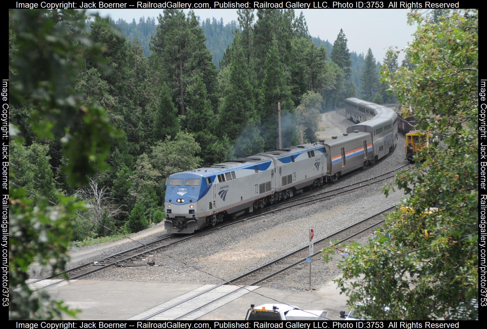 Amtrak 72 is a class P42DC and  is pictured in Emigrant Gap, California, USA.  This was taken along the UP Roseville Sub on the Union Pacific Railroad. Photo Copyright: Jack Boerner uploaded to Railroad Gallery on 09/01/2024. This photograph of Amtrak 72 was taken on Sunday, July 14, 2024. All Rights Reserved. 