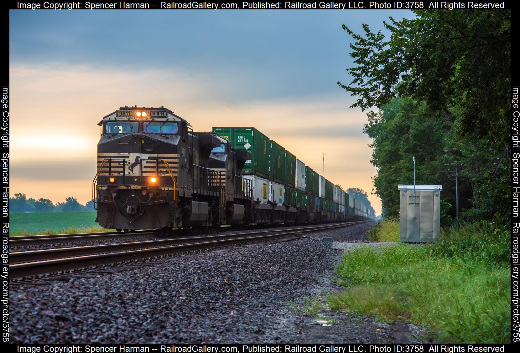 NS 9811 is a class GE C44-9W (Dash 9-44CW) and  is pictured in Kendallville, Indiana, United States.  This was taken along the Chicago Line on the Norfolk Southern. Photo Copyright: Spencer Harman uploaded to Railroad Gallery on 09/02/2024. This photograph of NS 9811 was taken on Saturday, August 31, 2024. All Rights Reserved. 