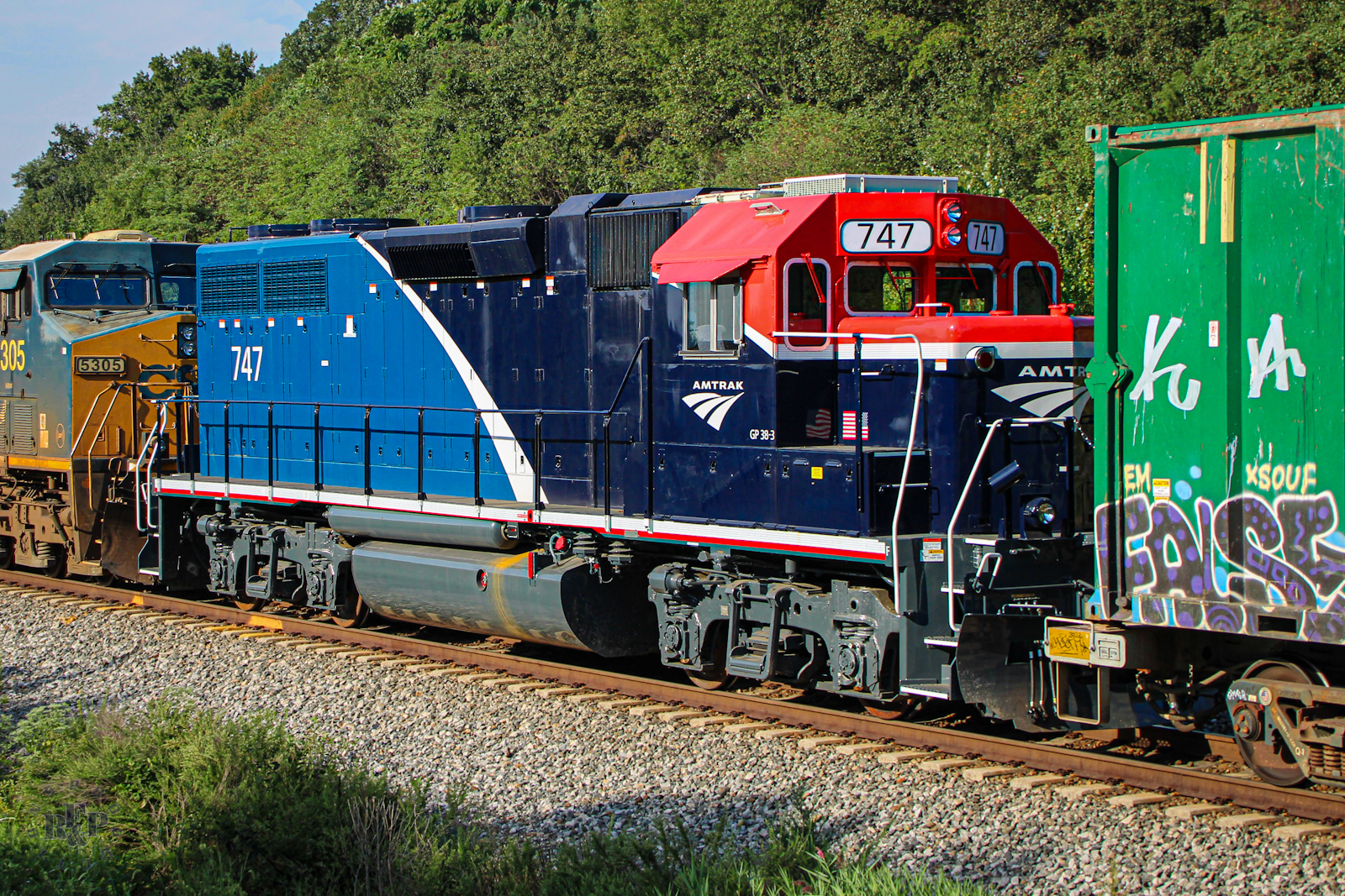 AMTK 747 is a class EMD GP38-3 and  is pictured in Franconia, Virginia, USA.  This was taken along the RF&P Subdivision on the Amtrak. Photo Copyright: RF&P Productions uploaded to Railroad Gallery on 09/02/2024. This photograph of AMTK 747 was taken on Monday, September 02, 2024. All Rights Reserved. 