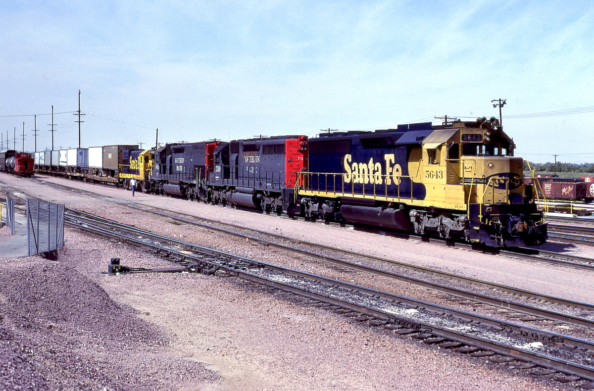 SF 5643 is a class EMD SD45-2 and  is pictured in Barstow, California, USA.  This was taken along the Barstow/SF on the Santa Fe. Photo Copyright: Rick Doughty uploaded to Railroad Gallery on 09/07/2024. This photograph of SF 5643 was taken on Saturday, October 06, 1984. All Rights Reserved. 