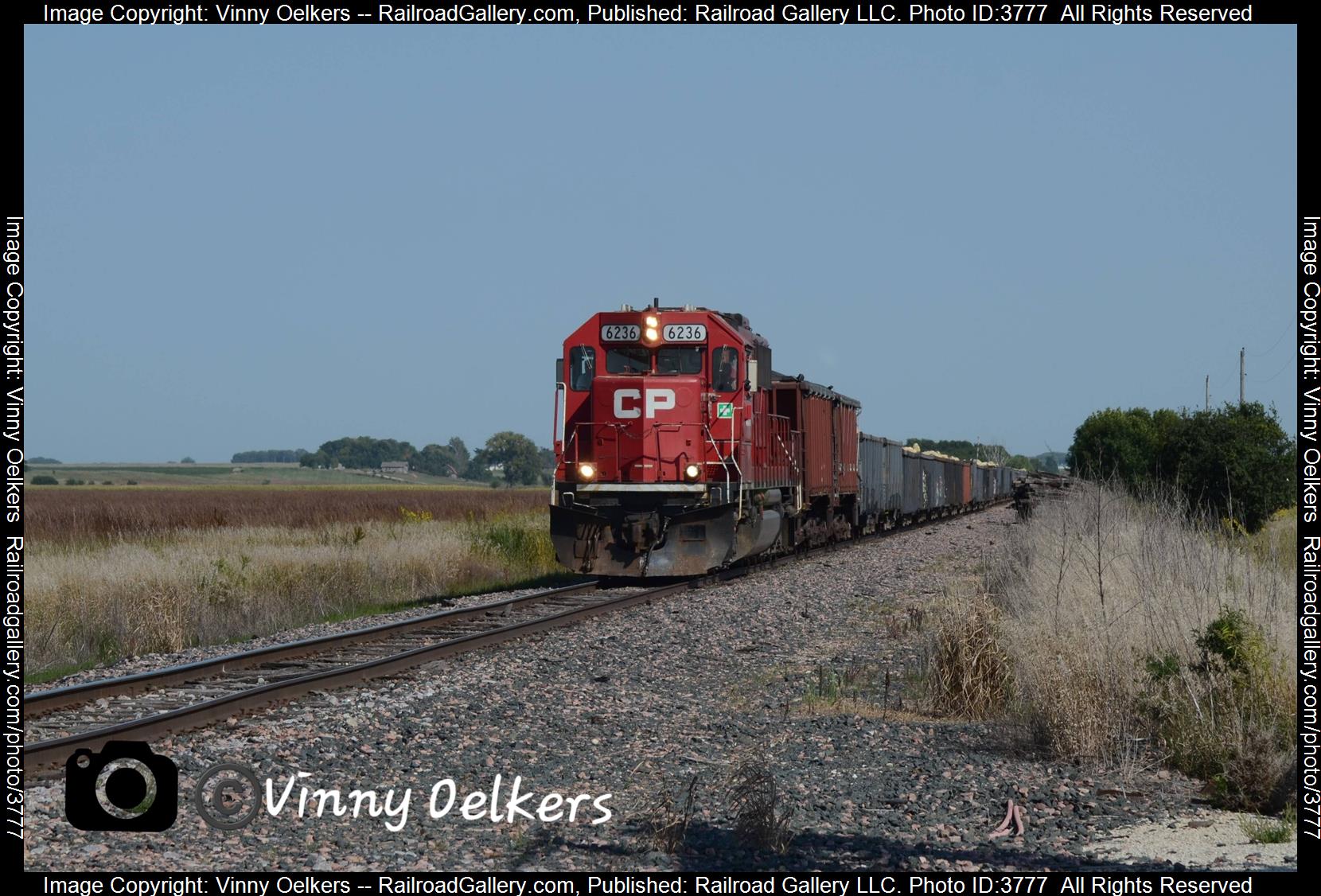 CP 6236  is a class SD60 and  is pictured in Spencer, IA, United States.  This was taken along the Sheldon Subdivision  on the Canadian Pacific Railway. Photo Copyright: Vinny Oelkers uploaded to Railroad Gallery on 09/10/2024. This photograph of CP 6236  was taken on Monday, September 09, 2024. All Rights Reserved. 