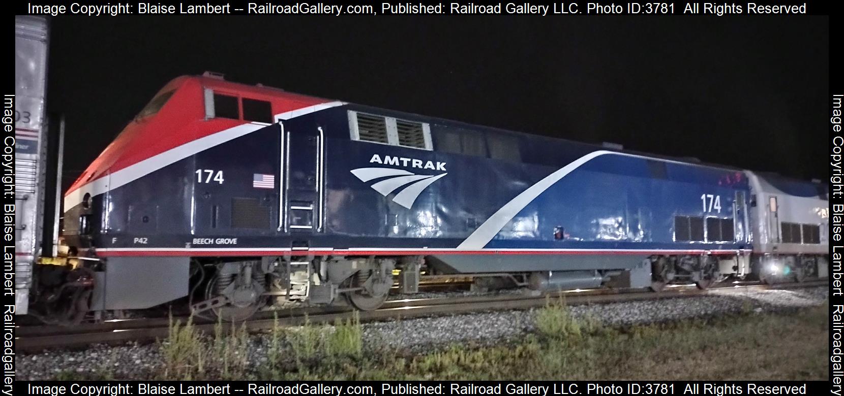 AMTK 174 is a class GE P42DC and  is pictured in Centralia, Illinois, USA.  This was taken along the CN Centralia subdivision on the Amtrak. Photo Copyright: Blaise Lambert uploaded to Railroad Gallery on 09/11/2024. This photograph of AMTK 174 was taken on Wednesday, September 11, 2024. All Rights Reserved. 