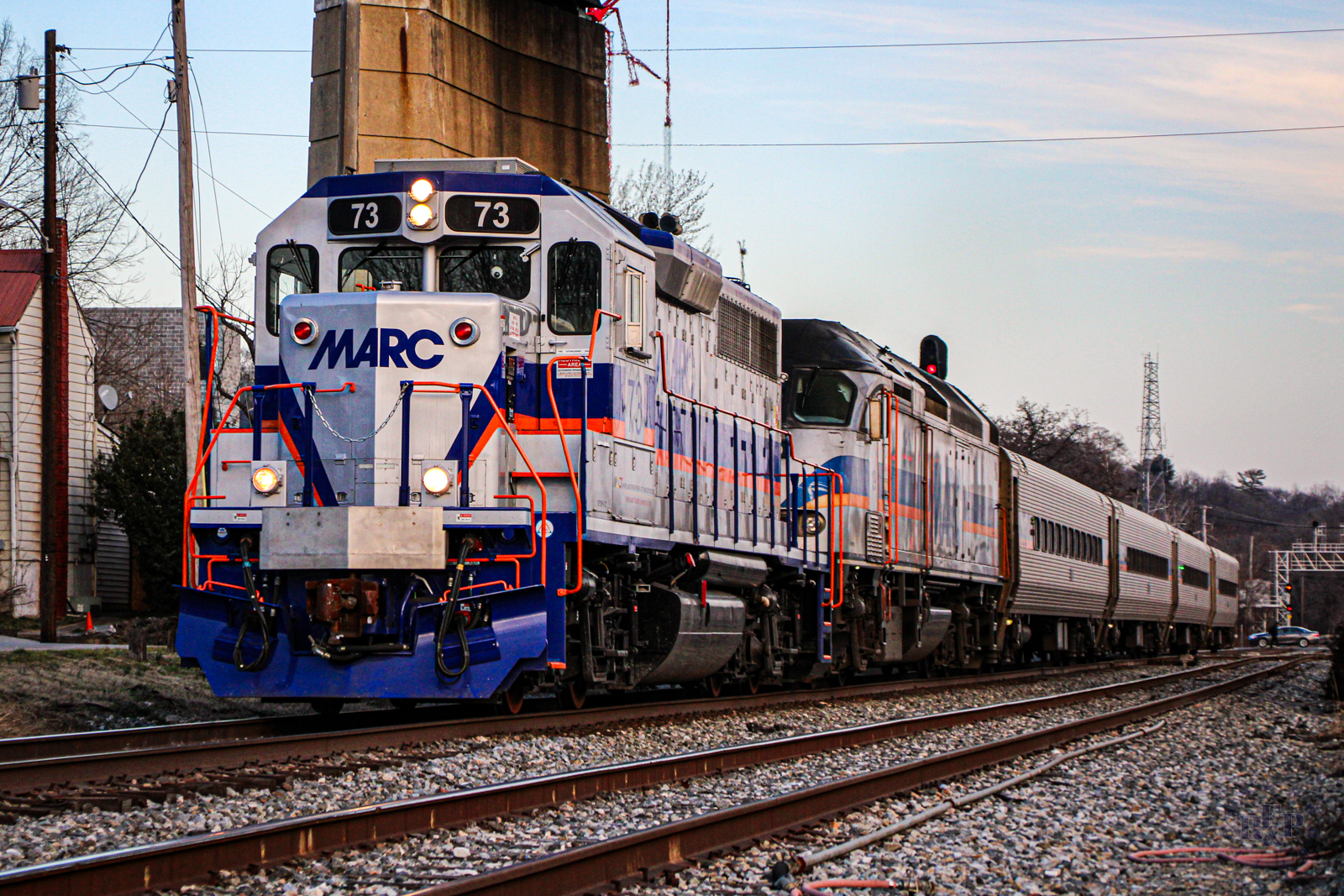 MARC 73 is a class EMD GP39PH-3C and  is pictured in Brunswick, Maryland, USA.  This was taken along the Metropolitan Subdivision on the Maryland Area Rail Commuter. Photo Copyright: RF&P Productions uploaded to Railroad Gallery on 09/13/2024. This photograph of MARC 73 was taken on Friday, February 09, 2024. All Rights Reserved. 