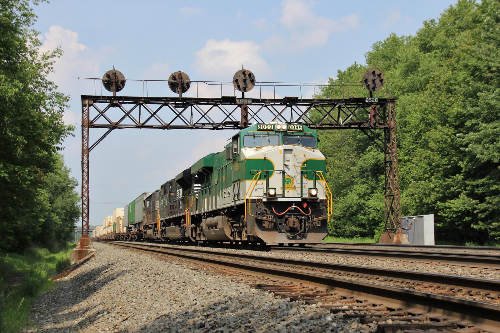 NS 8099 is a class GE ES44AC and  is pictured in Lilly, Pennsylvania, USA.  This was taken along the NS Pittsburgh Line on the Norfolk Southern. Photo Copyright: Marc Lingenfelter uploaded to Railroad Gallery on 12/11/2022. This photograph of NS 8099 was taken on Thursday, June 11, 2015. All Rights Reserved. 