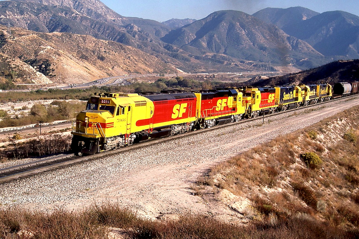 SF 5966 is a class EMD F45 and  is pictured in Cajon, California, USA.  This was taken along the Cajon/SF on the Santa Fe. Photo Copyright: Rick Doughty uploaded to Railroad Gallery on 09/21/2024. This photograph of SF 5966 was taken on Thursday, November 13, 1986. All Rights Reserved. 