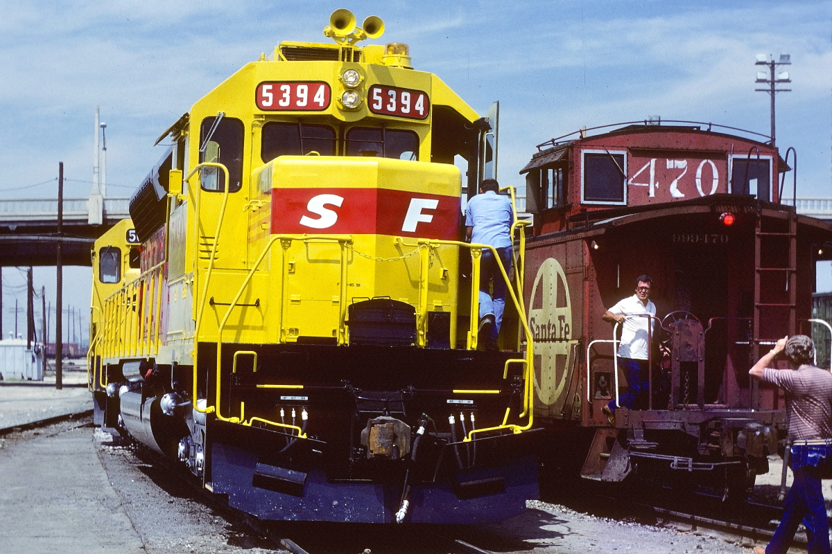 SF 5394 is a class EMD SD45 and  is pictured in San Bernardino, California, USA.  This was taken along the Cajon/SF on the Santa Fe. Photo Copyright: Rick Doughty uploaded to Railroad Gallery on 09/23/2024. This photograph of SF 5394 was taken on Saturday, September 07, 1985. All Rights Reserved. 