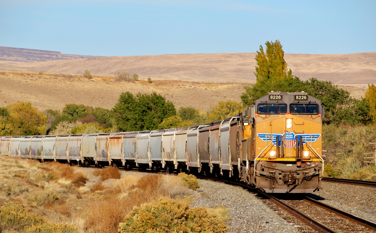 UP 8226  is a class GE ES44AC and  is pictured in King Hill, Idaho, USA.  This was taken along the Nampa/UP on the Union Pacific Railroad. Photo Copyright: Rick Doughty uploaded to Railroad Gallery on 09/28/2024. This photograph of UP 8226  was taken on Sunday, October 17, 2021. All Rights Reserved. 